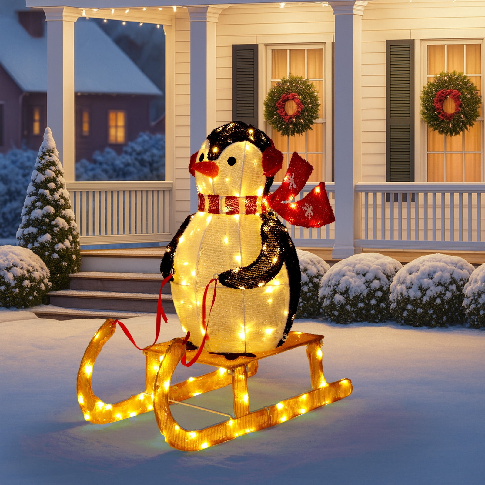 Astoutdoor Lighted Penguin Riding Sleigh Christmas Decoration, Pre-Lit with 130 Warm White LED Lights, Indoor Outdoor Holiday Display, White