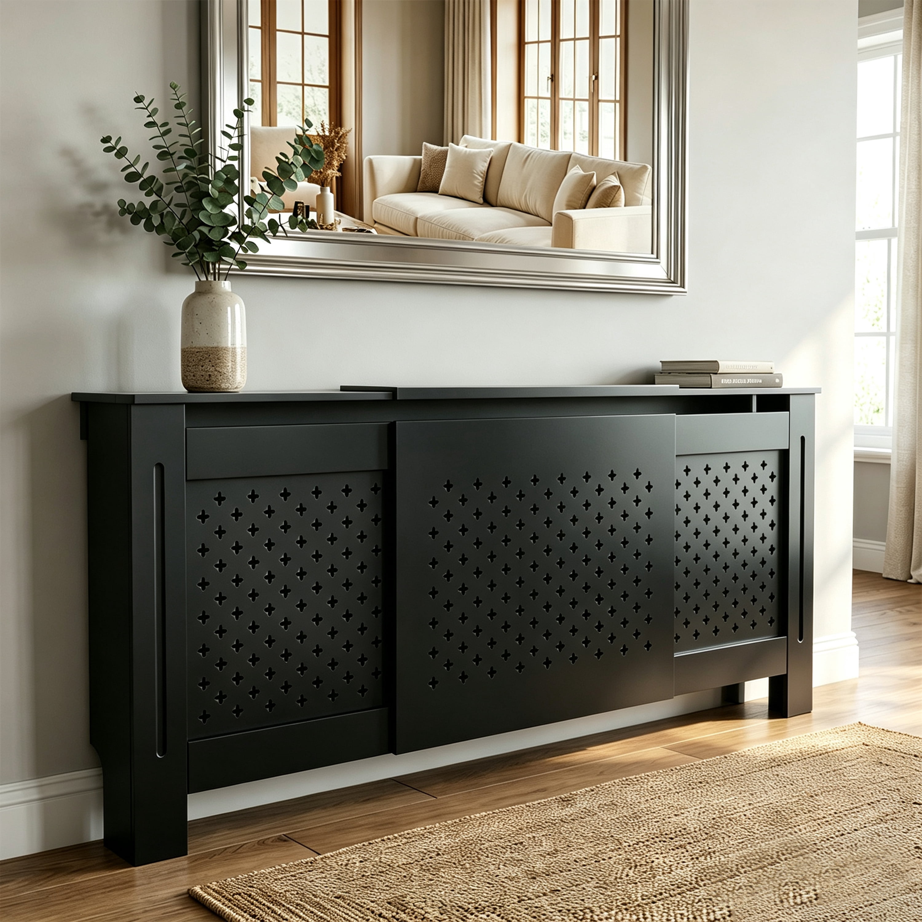 MDF Radiator Cover, Adjustable Width 54.75-80 in, Anthracite, 32.8 in High
