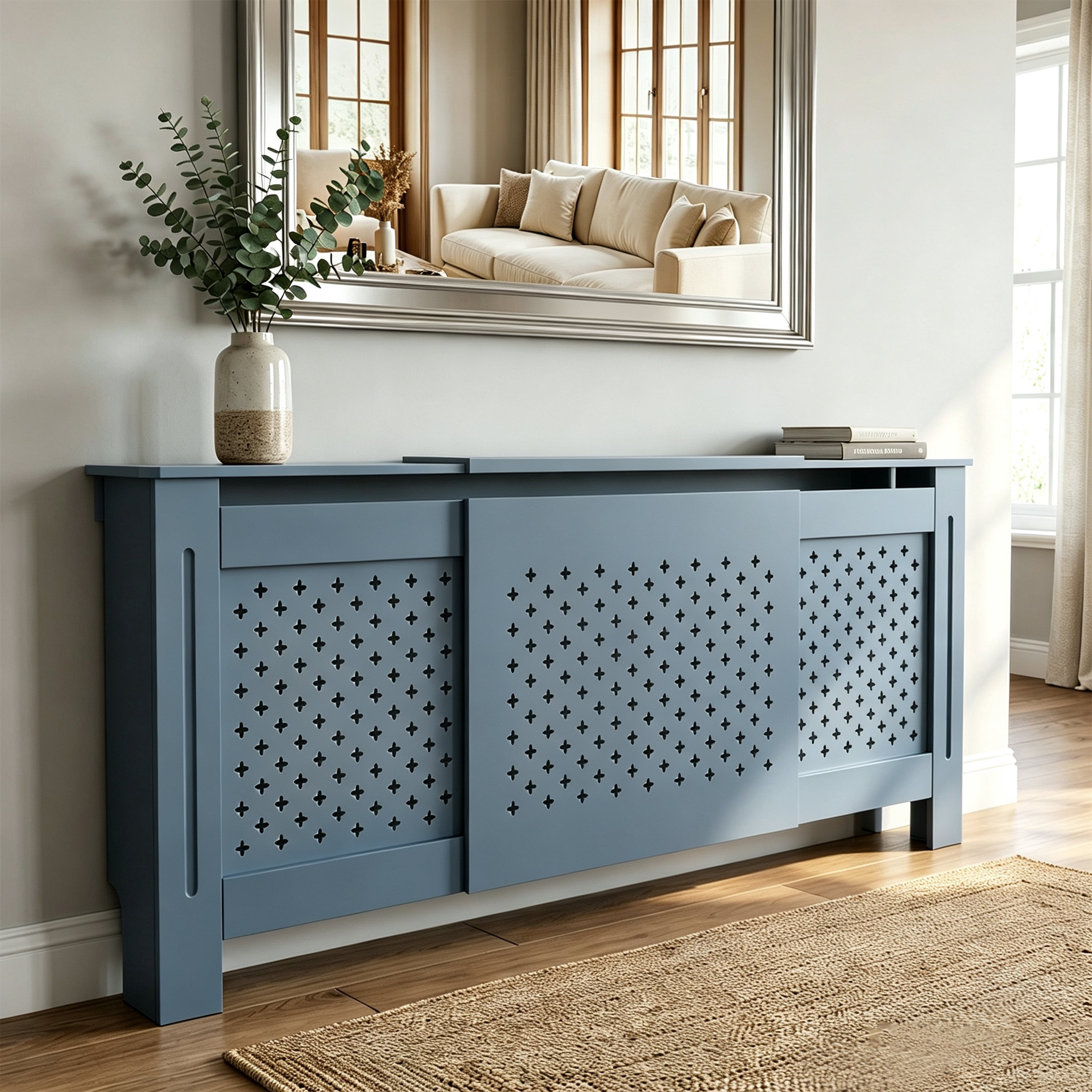 MDF Radiator Cover, Adjustable Width 54.75-80 in, Light Gray, 32.8 in High