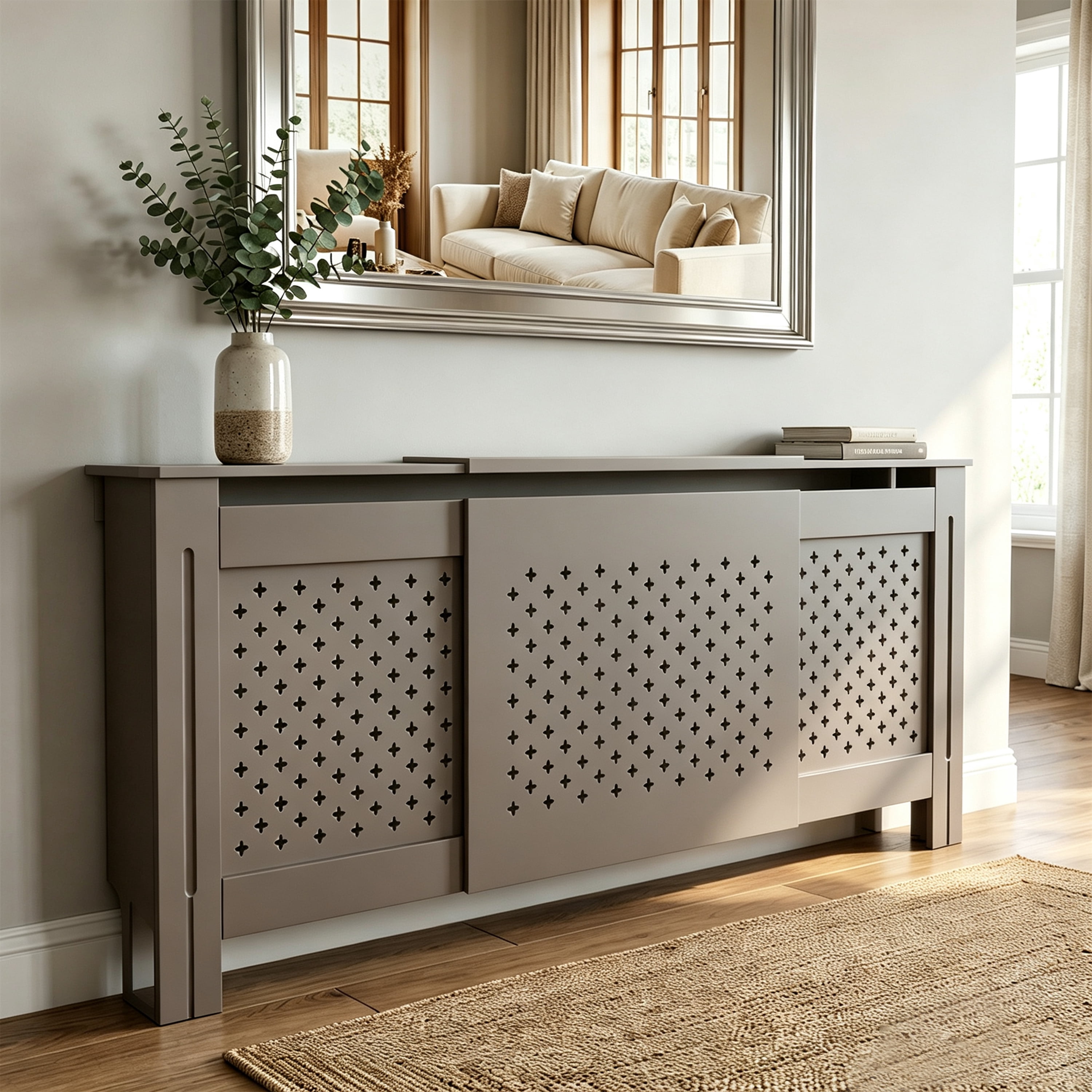 MDF Radiator Cover, Adjustable Width 80 in, Walnut, Heater Cabinet with Display Shelf