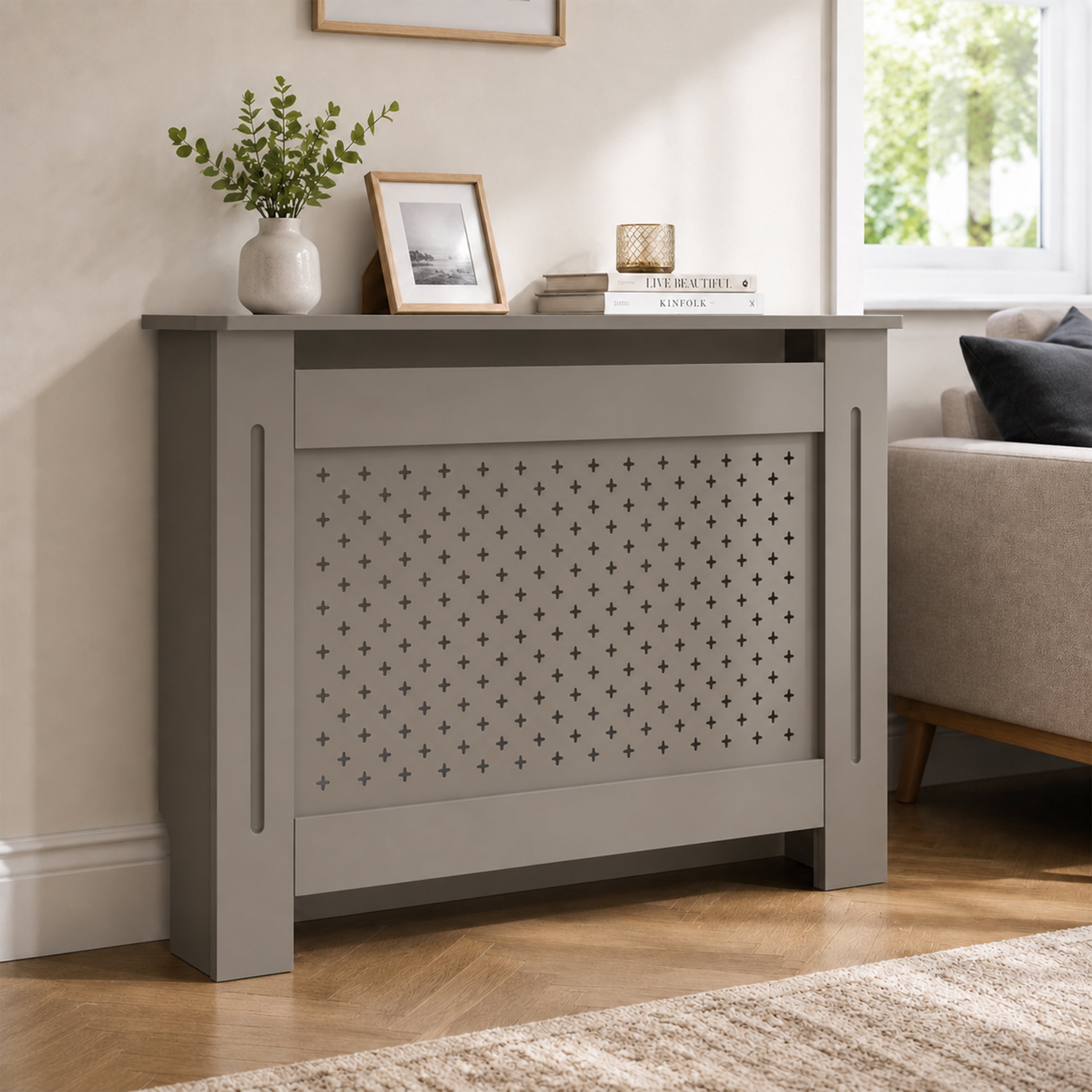 MDF Radiator Cover with Perforated Front Panel and Top Display Shelf, Natural Finish, 44.1 in W x 7.5 in D x 32.5 in H