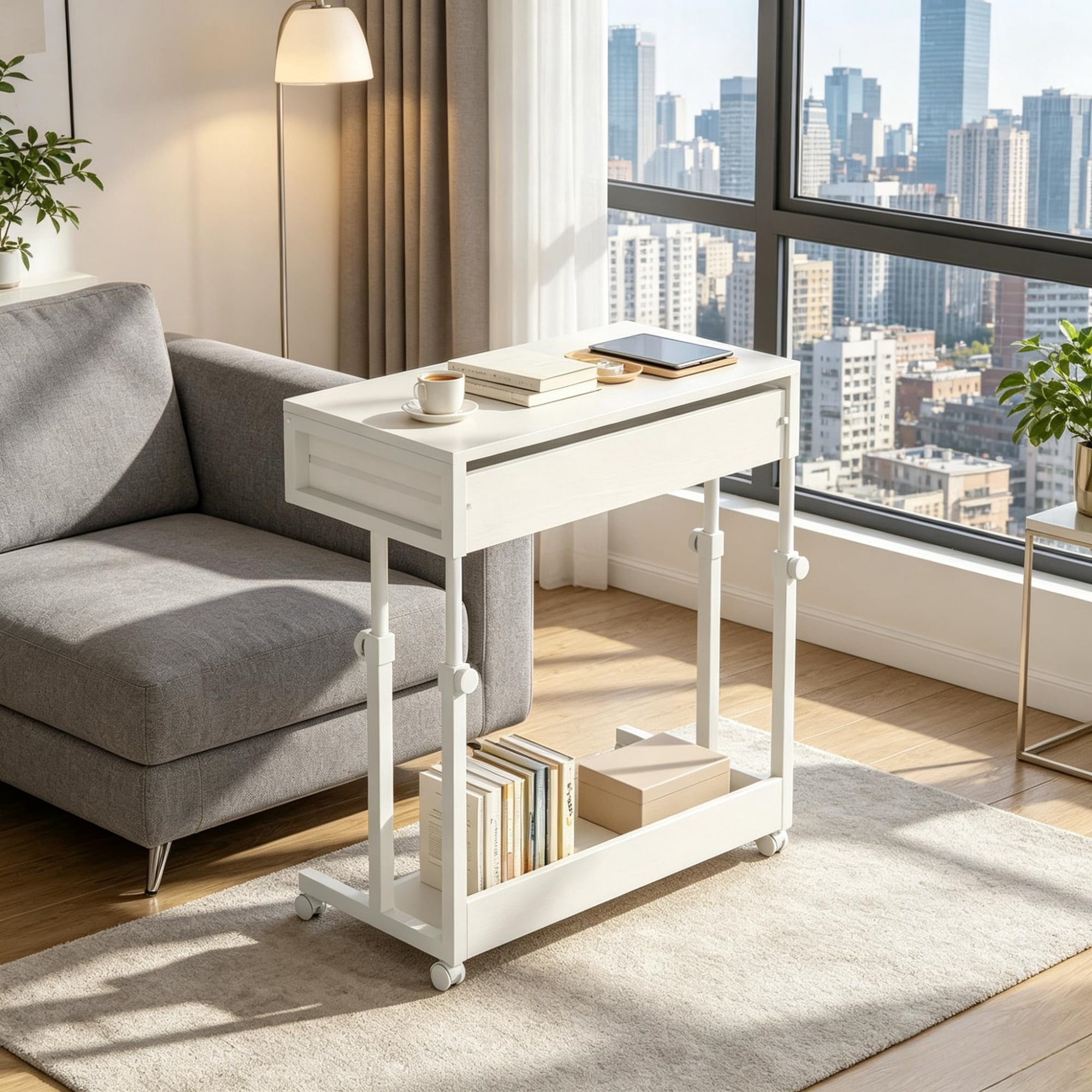 Astoutdoor Mobile Side Table Height Adjustable Portable Desk with Storage Drawers