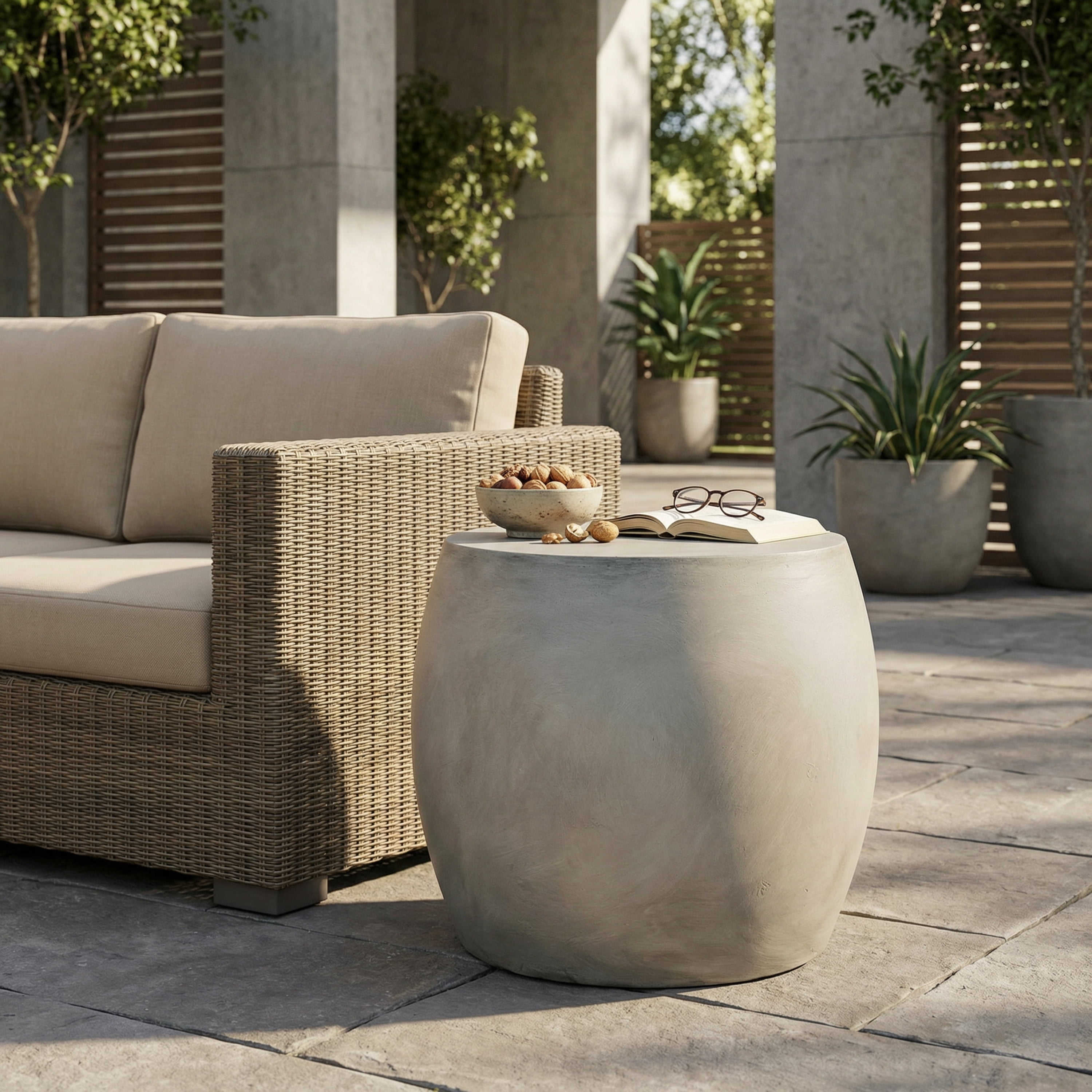Outdoor Lightweight Concrete Side Table, Light Gray