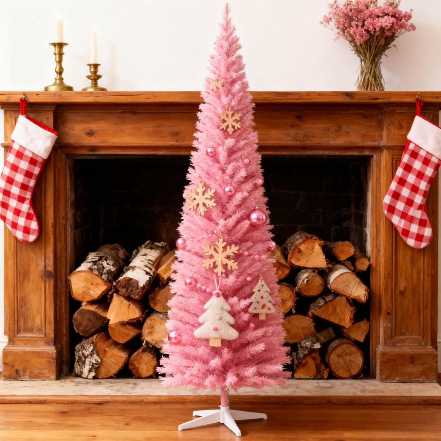 Pink Artificial Pencil Christmas Tree 7ft with 499 Branch Tips and Plastic Stand