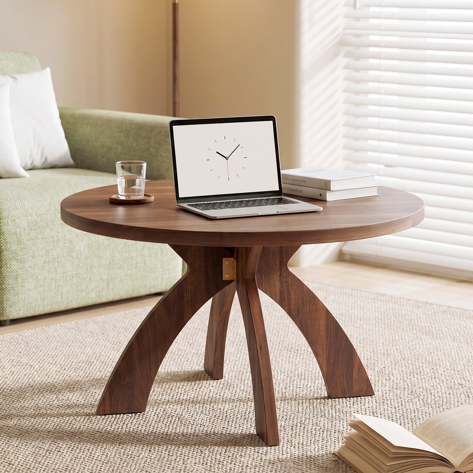 Astoutdoor Round Coffee Table, 31.5 in Walnut Brown MDF with Curved Cross Legs, Modern Minimalist Center Table for Living Room