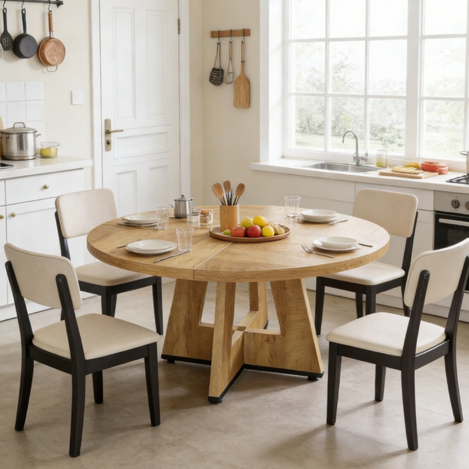 Round Dining Table, Farmhouse Wooden Kitchen Table, Seats 4, 47 in Tabletop, Rustic Brown