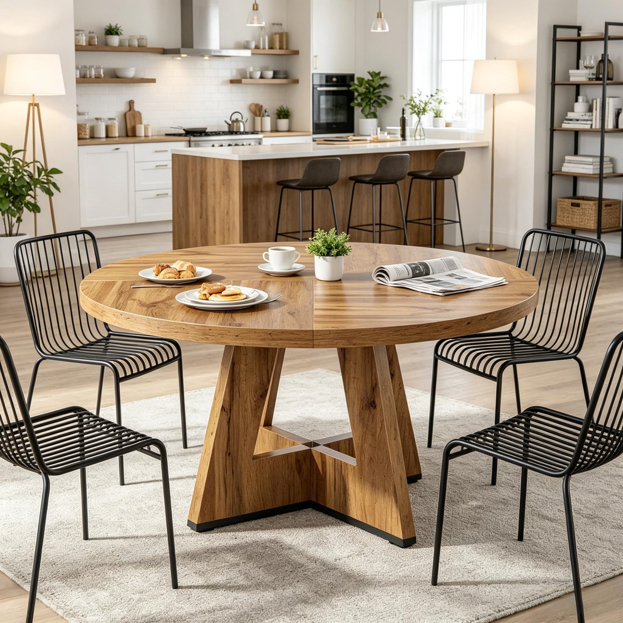 Round Farmhouse Dining Table, 47 in Diameter, Seats 4, Rustic Finish