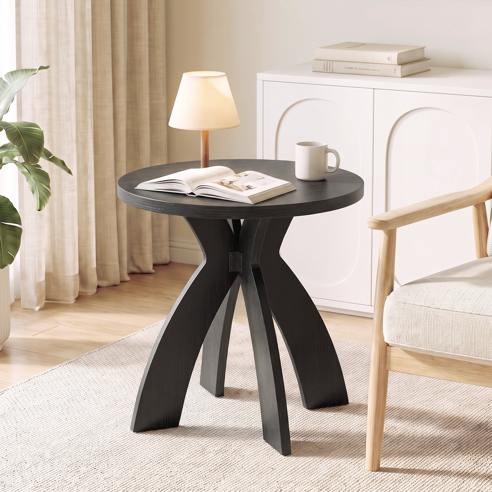 Astoutdoor Round Side Table, 23.6 in Circular End Table with Curved Cross Legs, Black Melamine Laminated MDF Accent Table for Living Room, Bedroom, Balcony