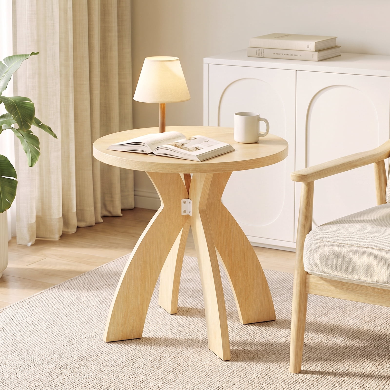 Astoutdoor Round Side Table, 23.6 in Circular End Table with Curved Cross Legs, Melamine Laminated MDF Accent Table for Living Room, Bedroom, Balcony, Natural Wood Tone
