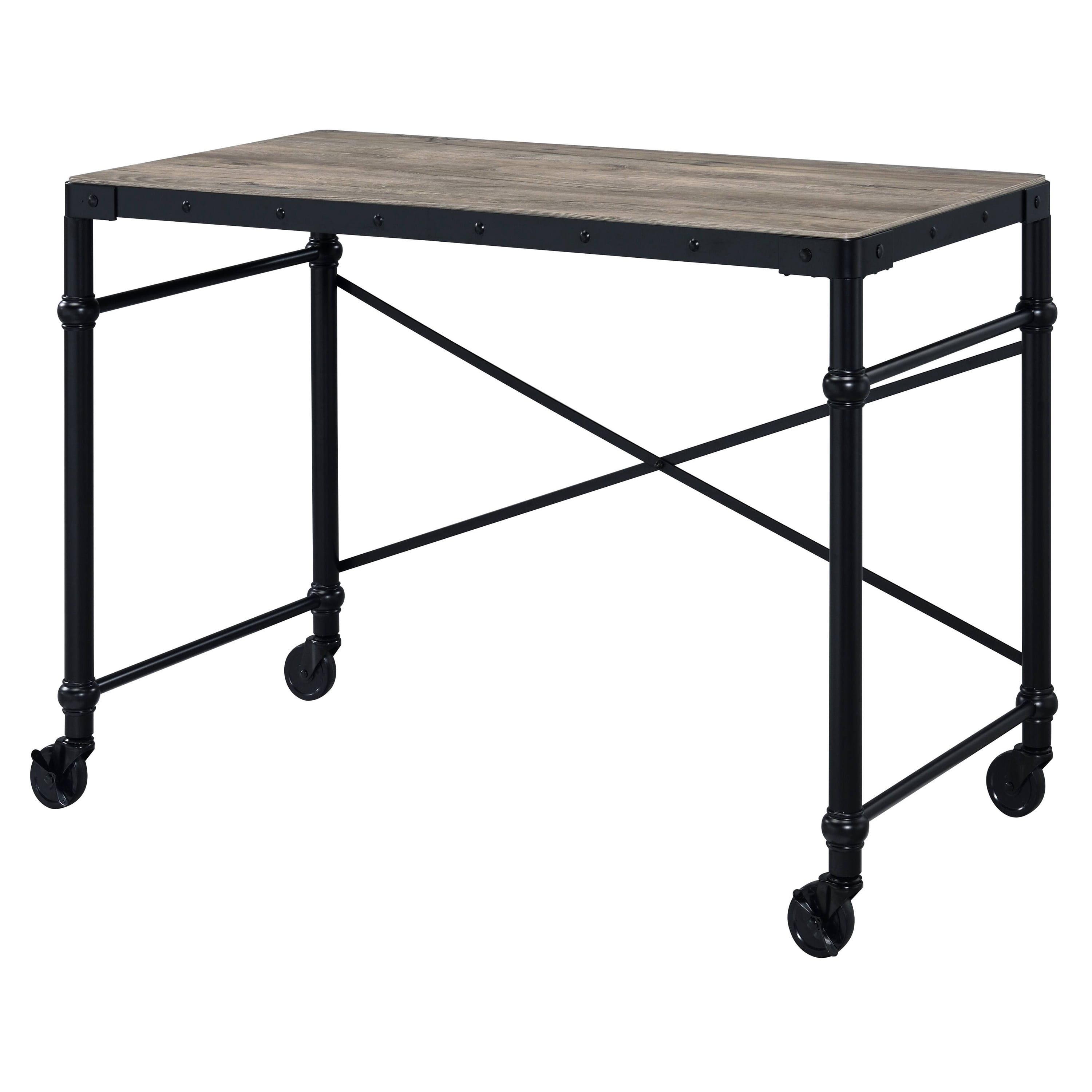 Astoutdoor Rustic Oak and Black Writing Desk with Wheels