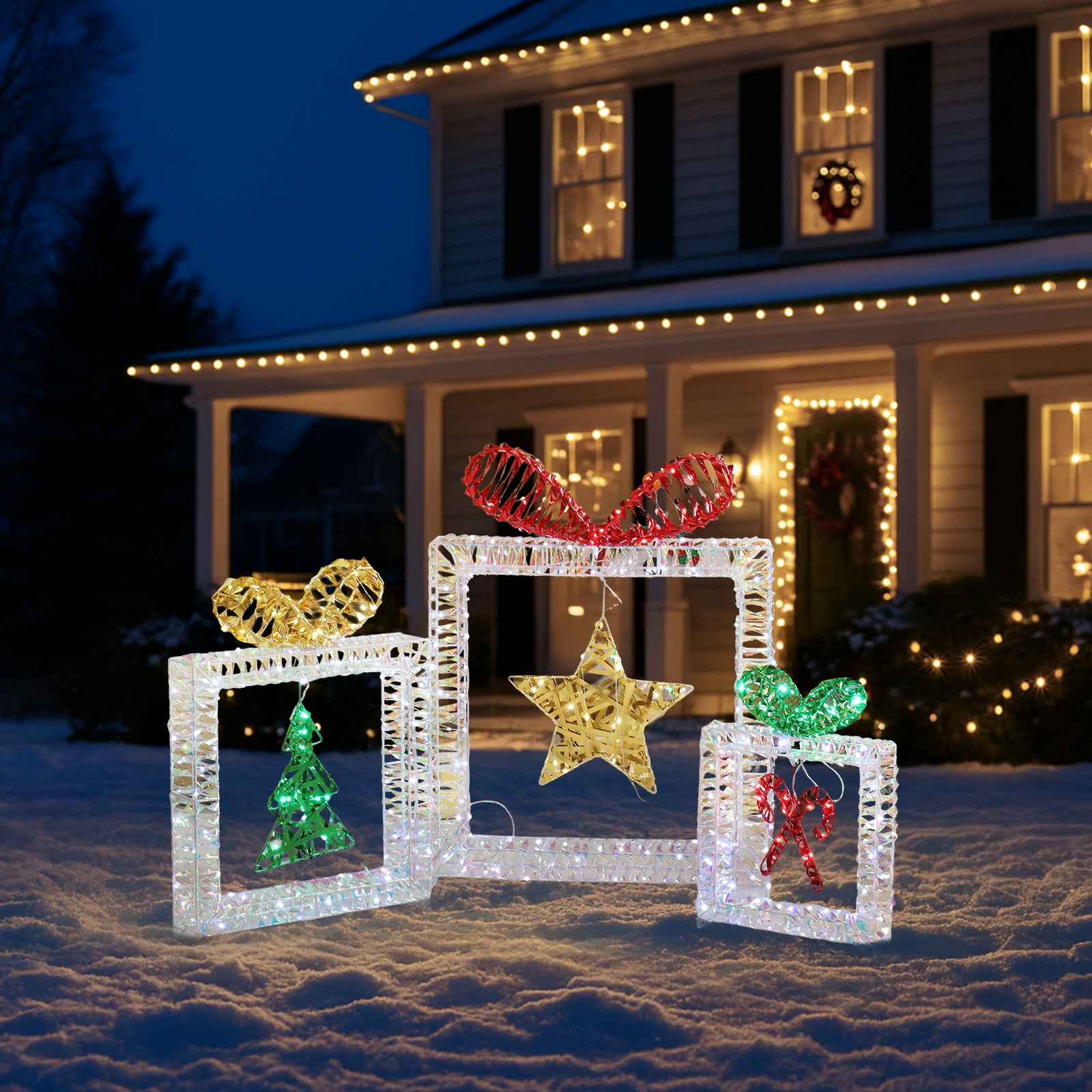 Astoutdoor Set of 3 Lighted Iridescent Cut-out Gift Box Christmas Decorations, Pre-lit Holiday Decor with 357 White LED Lights for Xmas Outdoor Indoor Decor Lighted Holiday Displays