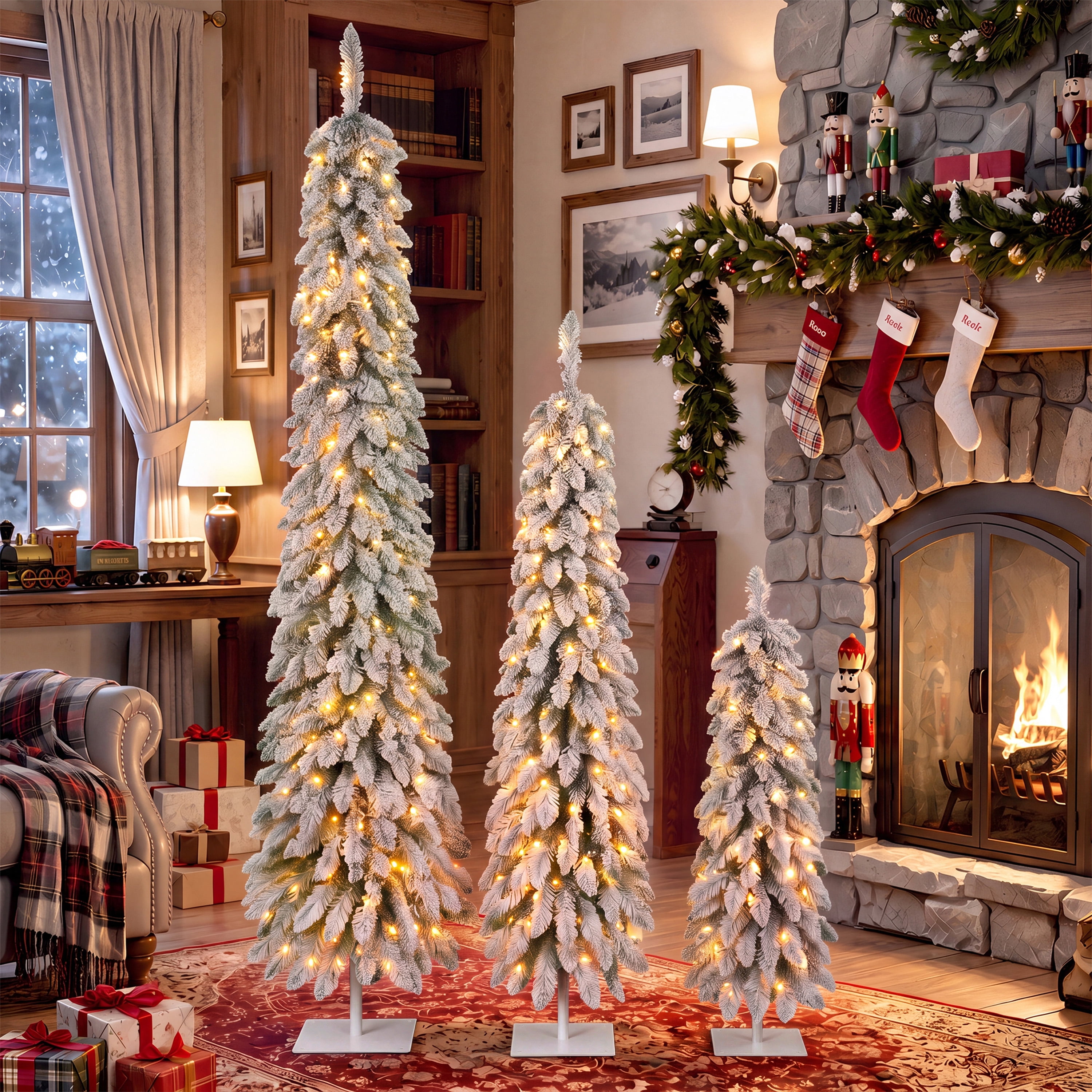 Set of 3 Snow Flocked Pre-Lit Pencil Christmas Tree, Slim Artificial Xmas Tree with Warm White LED Lights, Metal Base, Indoor Holiday Decor