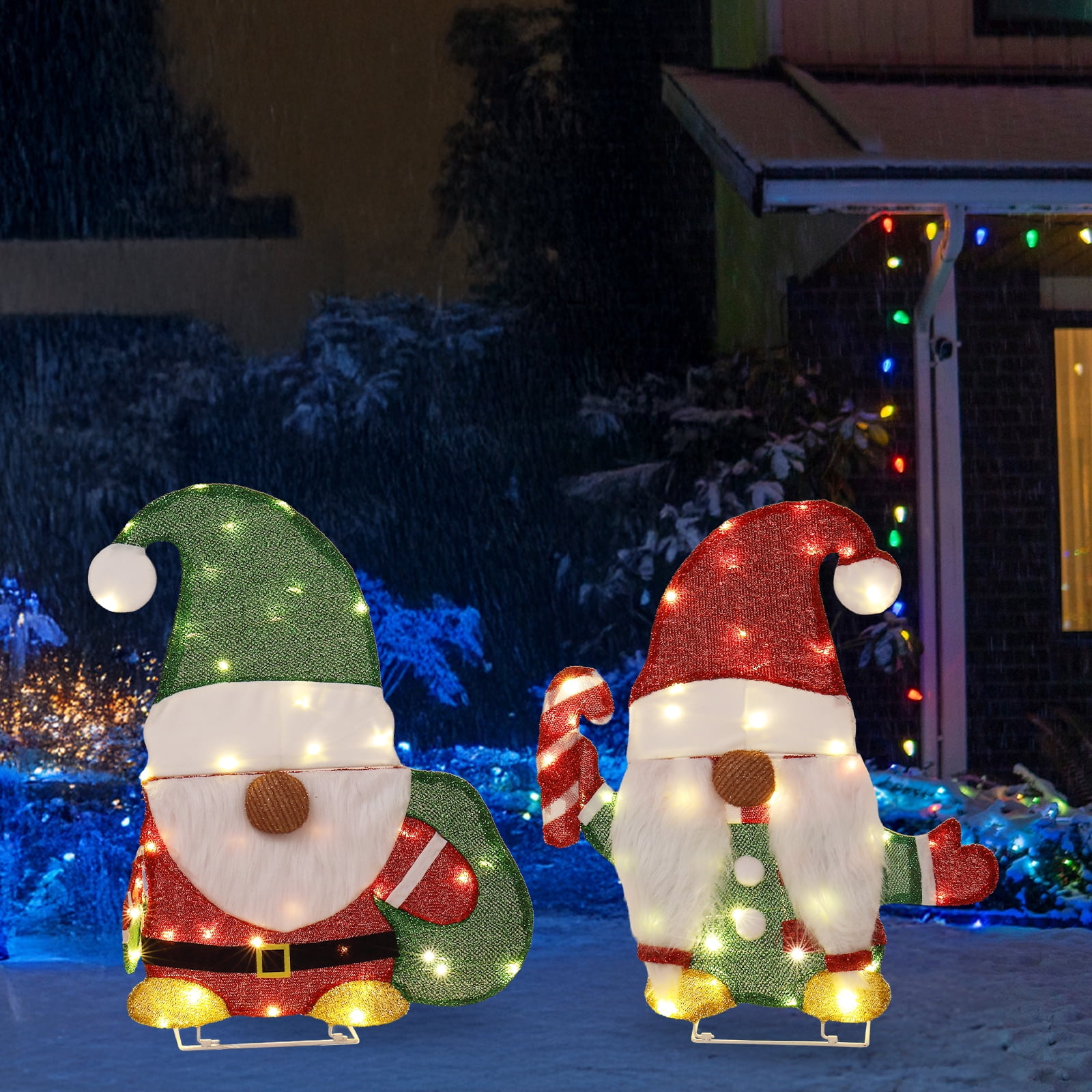 Astoutdoor Set of 2 Lighted Christmas Gnome Decorations, Pre-lit 2D Holiday Display with 80 Warm White LED Lights, Indoor Outdoor, White
