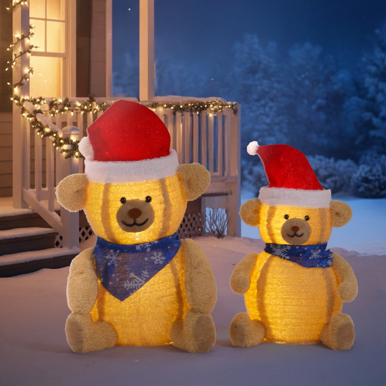 Astoutdoor Set of 2 Lighted Plush Bear Christmas Decorations, Pre-lit Pull Up Holiday Decor with 60 Warm White LED Lights for Indoor Outdoor Display