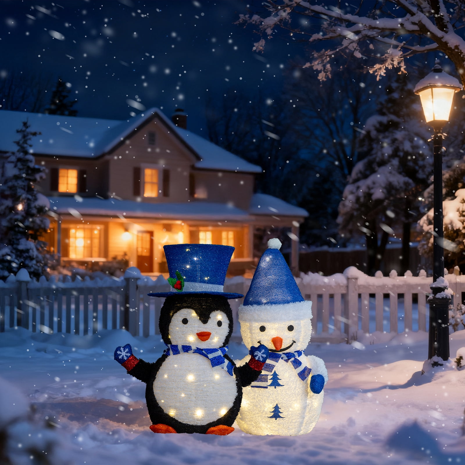 Astoutdoor Set of 2 Lighted Plush Penguin and Snowman Christmas Decorations, Pre-lit Pull Up Holiday Decor with 100 Warm White LED Lights