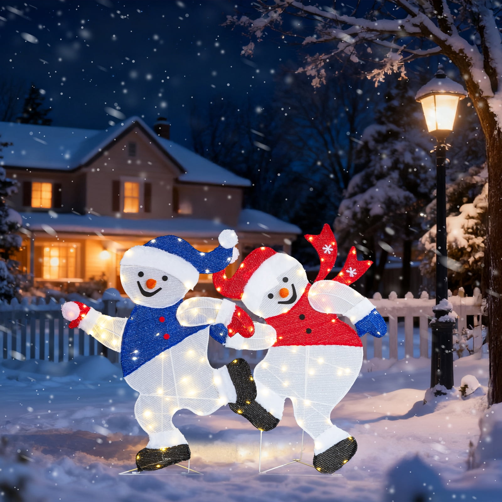 Astoutdoor Set of 2 Lighted Running Snowman Christmas Decorations, Pre-lit 2D Holiday Decor with 120 Warm White LED Lights for Indoor Outdoor Display