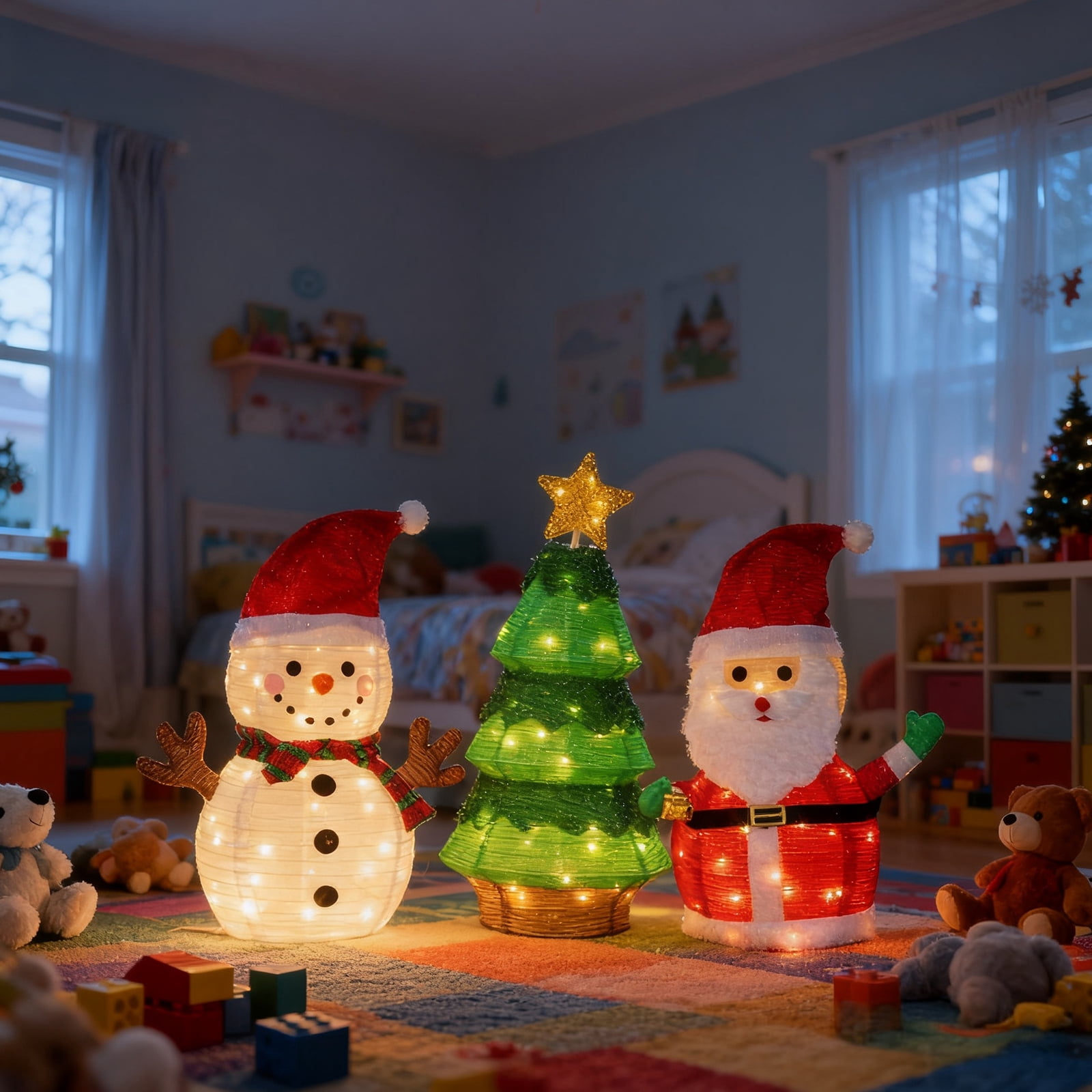 Astoutdoor Set of 3 Lighted Christmas Decorations, Santa, Snowman, and Tree, Pre-Lit with 150 Warm White LED Lights, Indoor Outdoor Holiday Display