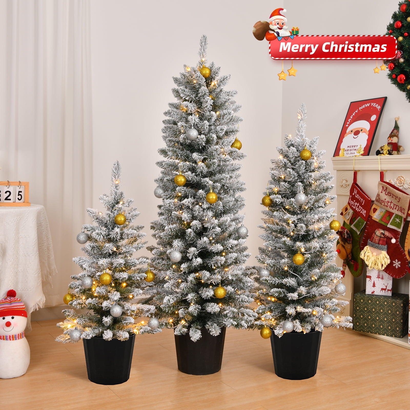 Astoutdoor Set of 3 Pre-lit Snow Flocked Artificial Christmas Trees with Pot Stands, 3/4/5 ft, Warm White LED Lights, Battery Operated, Snowy Green