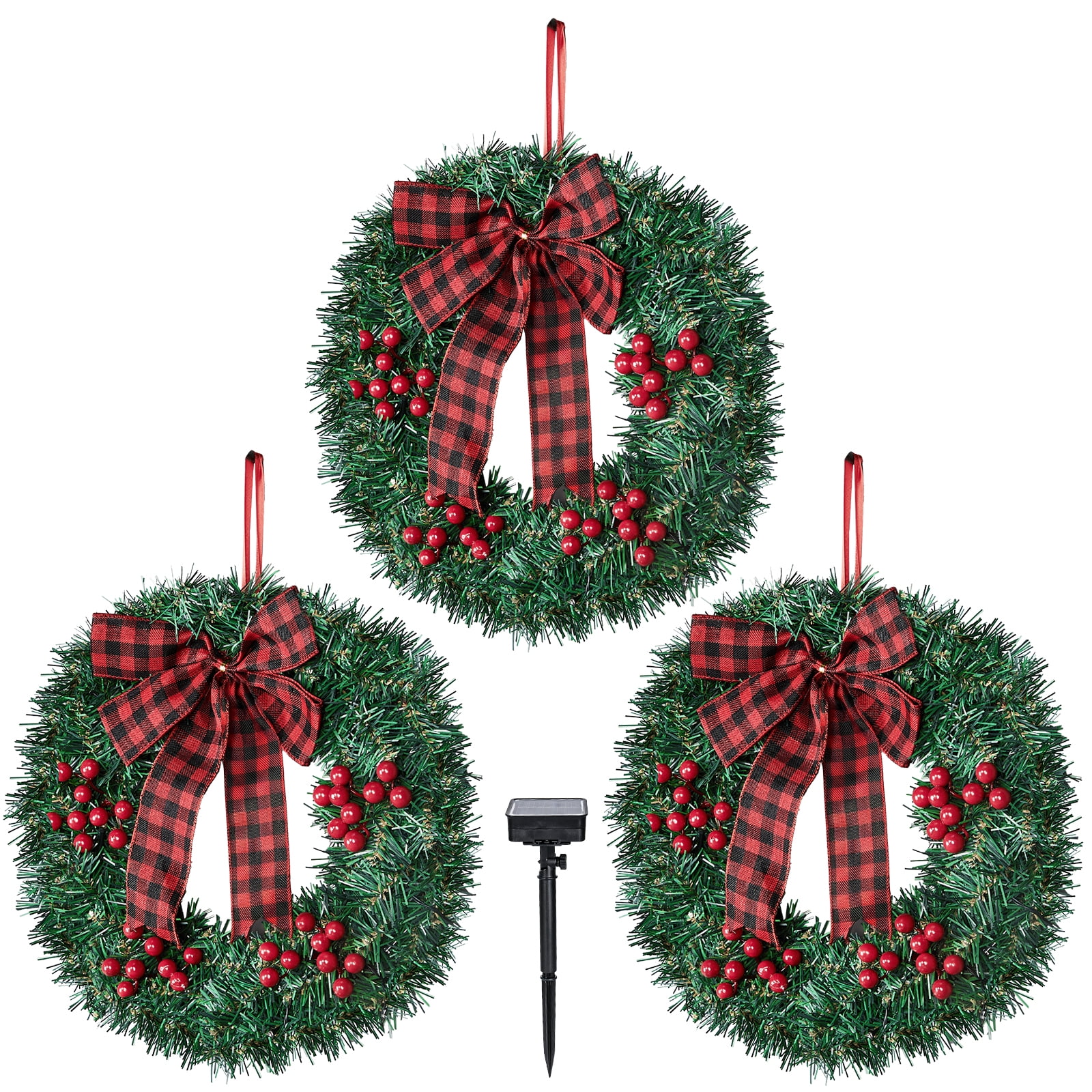 Astoutdoor Set of 3 Solar Christmas Wreaths, 14 in, 210 PVC Tips, 60 Warm White LEDs, 8 Modes, Ground Stake, White