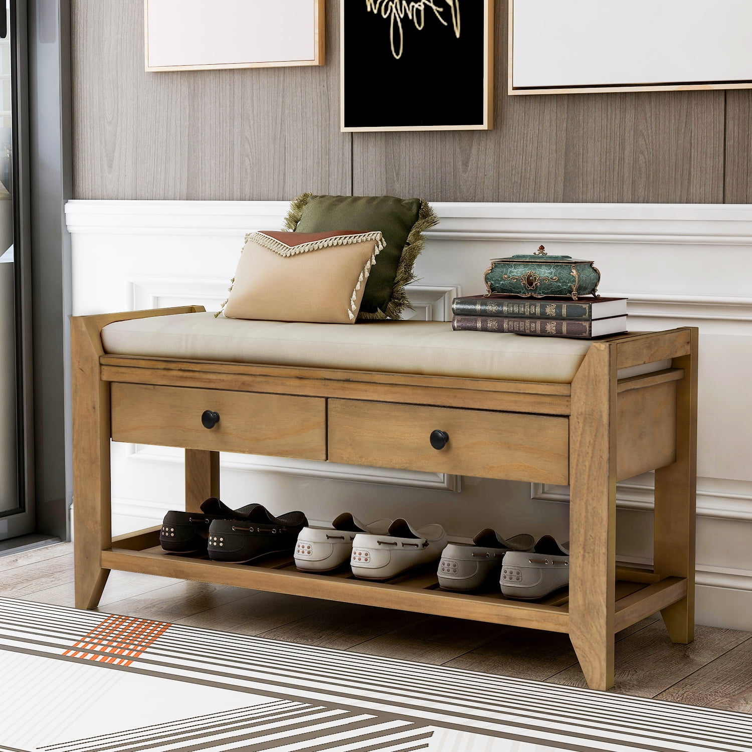Shoe Rack Bench with Cushioned Seat and Drawers, Old Pine