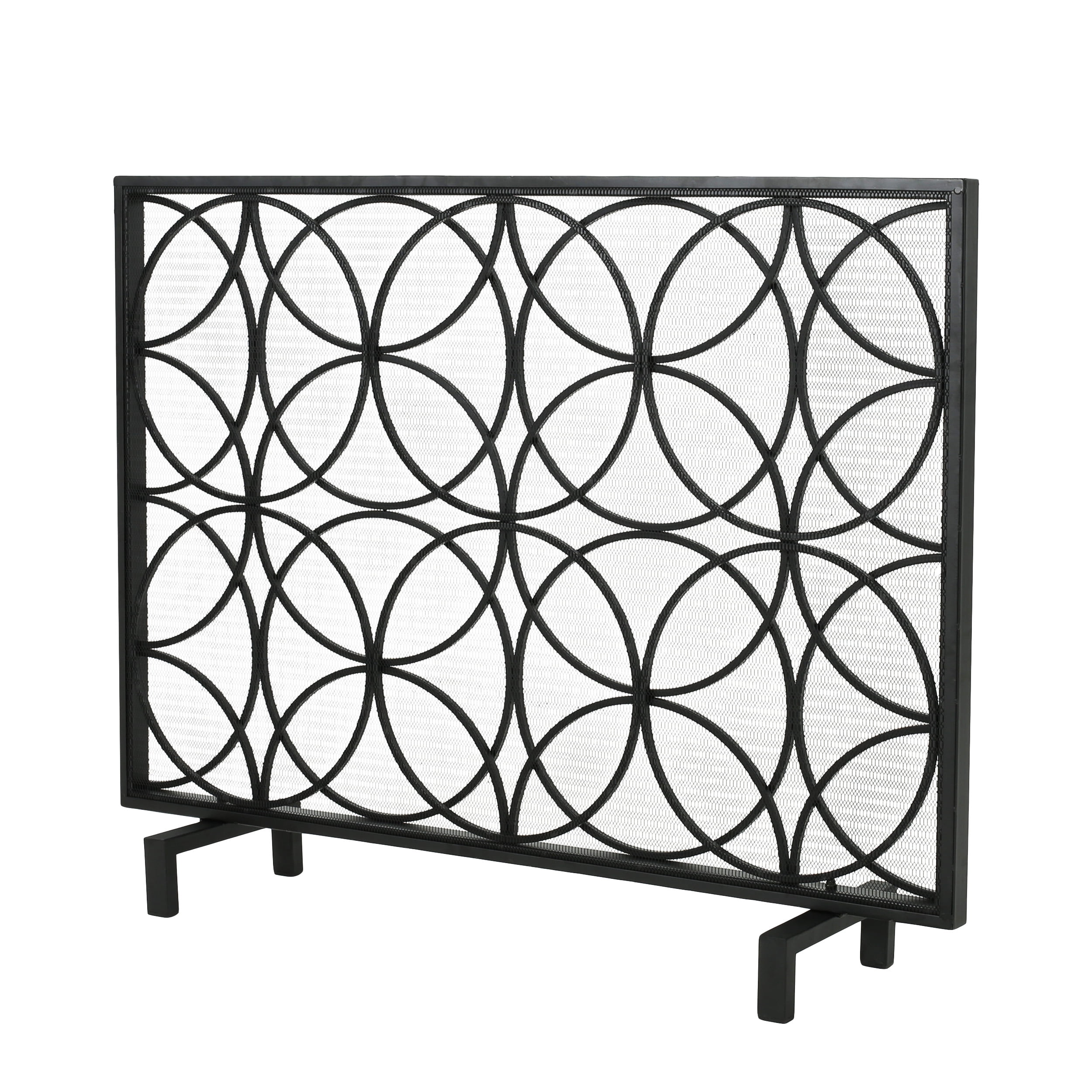 Single Panel Iron Fireplace Screen with Geometric Circle Pattern, Black ...