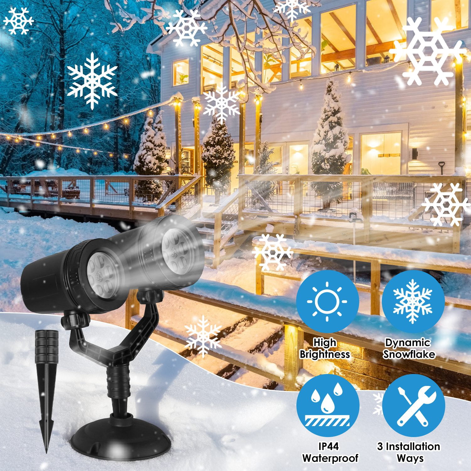 Astoutdoor Snowflake Projection Light with Dual Adjustable 180° Heads, IP44 ABS Outdoor Projector Light, 4 Dynamic Snowflake Patterns for Holiday Indoor and Outdoor Decor