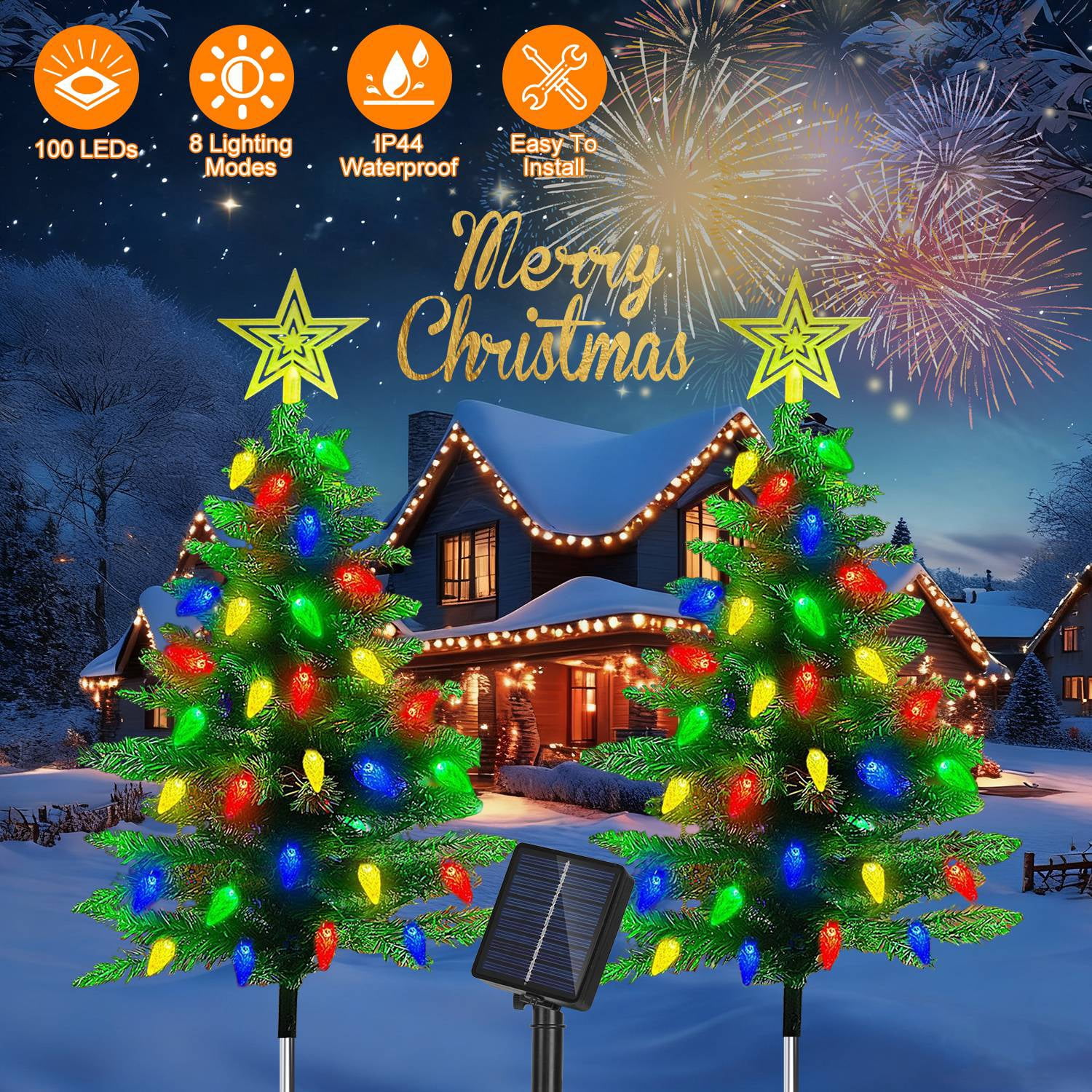 Astoutdoor Solar Christmas Tree Lights, 2 Pack, 37.4 in, 100 LED, 4 Colors, 8 Modes, IP44 Waterproof Outdoor Pathway Decor with Ornaments