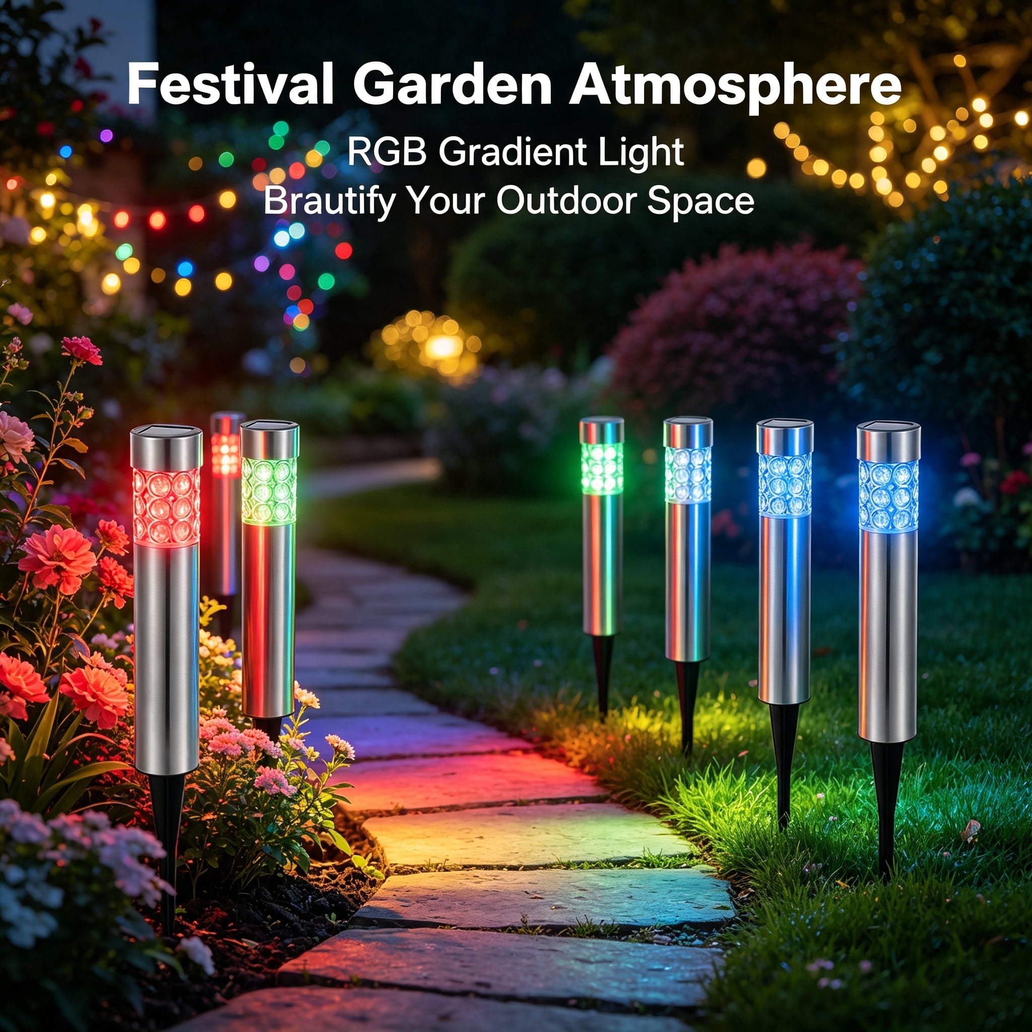 Astoutdoor Solar Garden Stake Lights, IP44 Weather-Resistant Color-Changing Outdoor Lamp, Stainless Steel & ABS Housing, 6-Pack