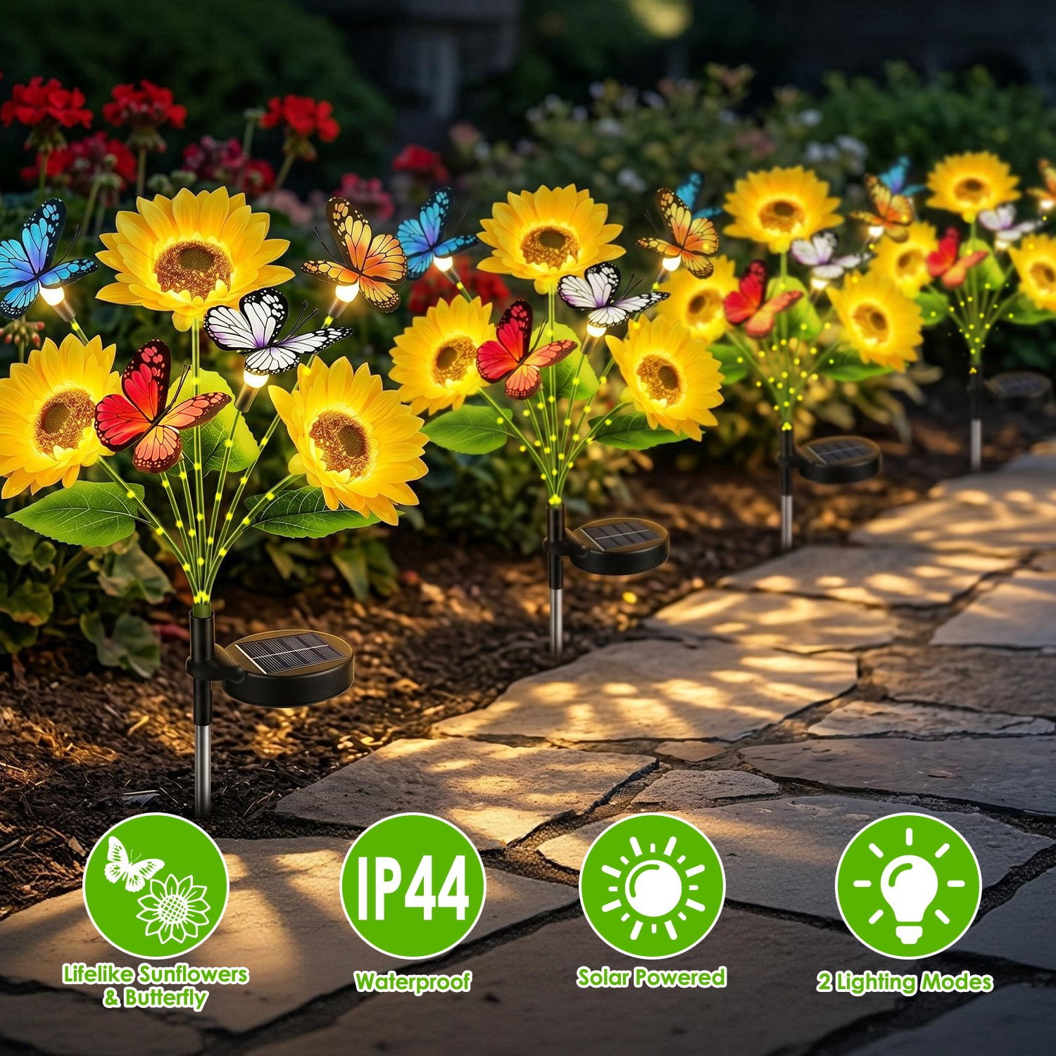 Astoutdoor Solar Sunflower Garden Stake Lights, 4-Pack, 3 Sunflower Heads and Butterfly Decor, Warm White LED, 2 Modes, IP44