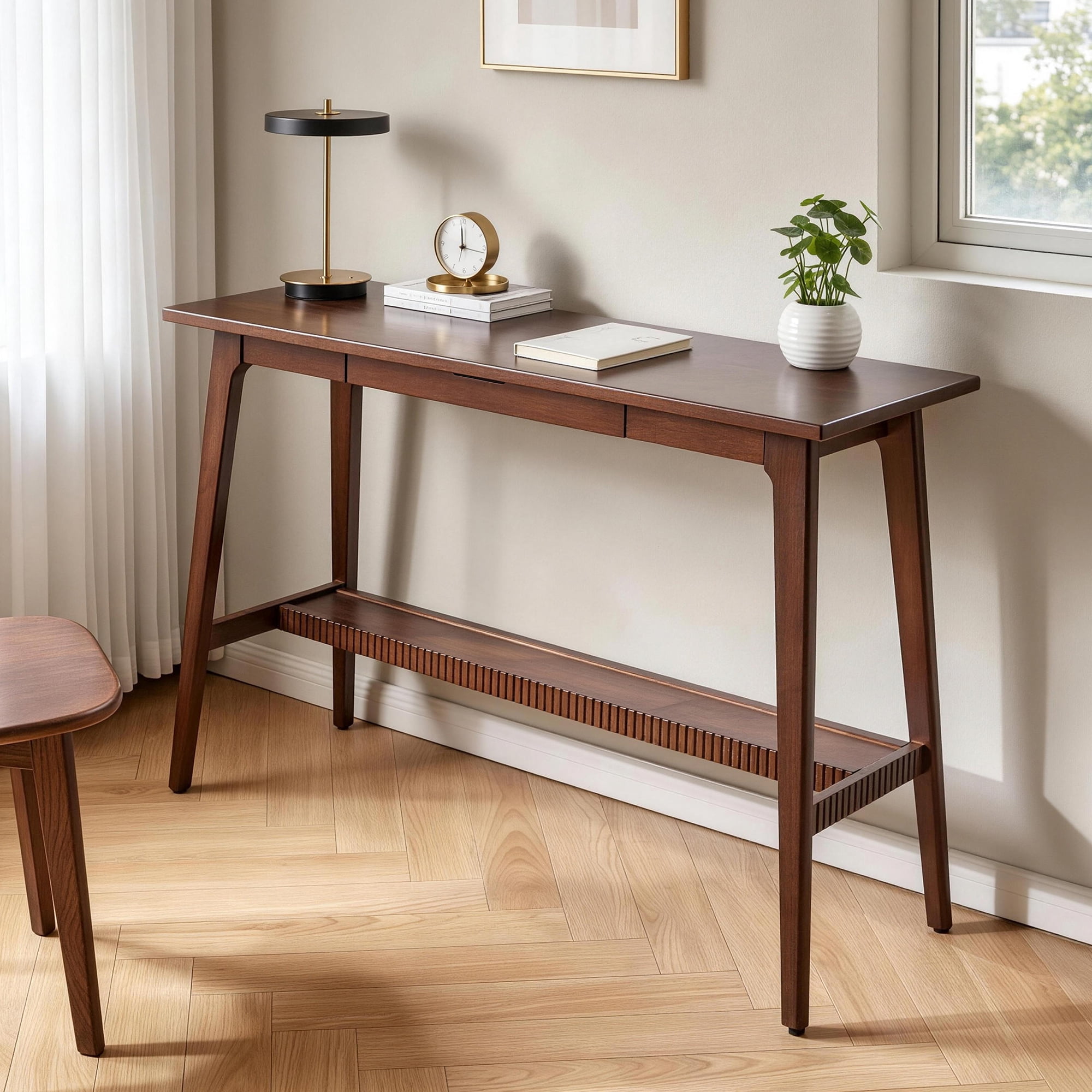 Solid Rubber Wood Desk with Drawer and Storage Shelf, 47.24 in Walnut