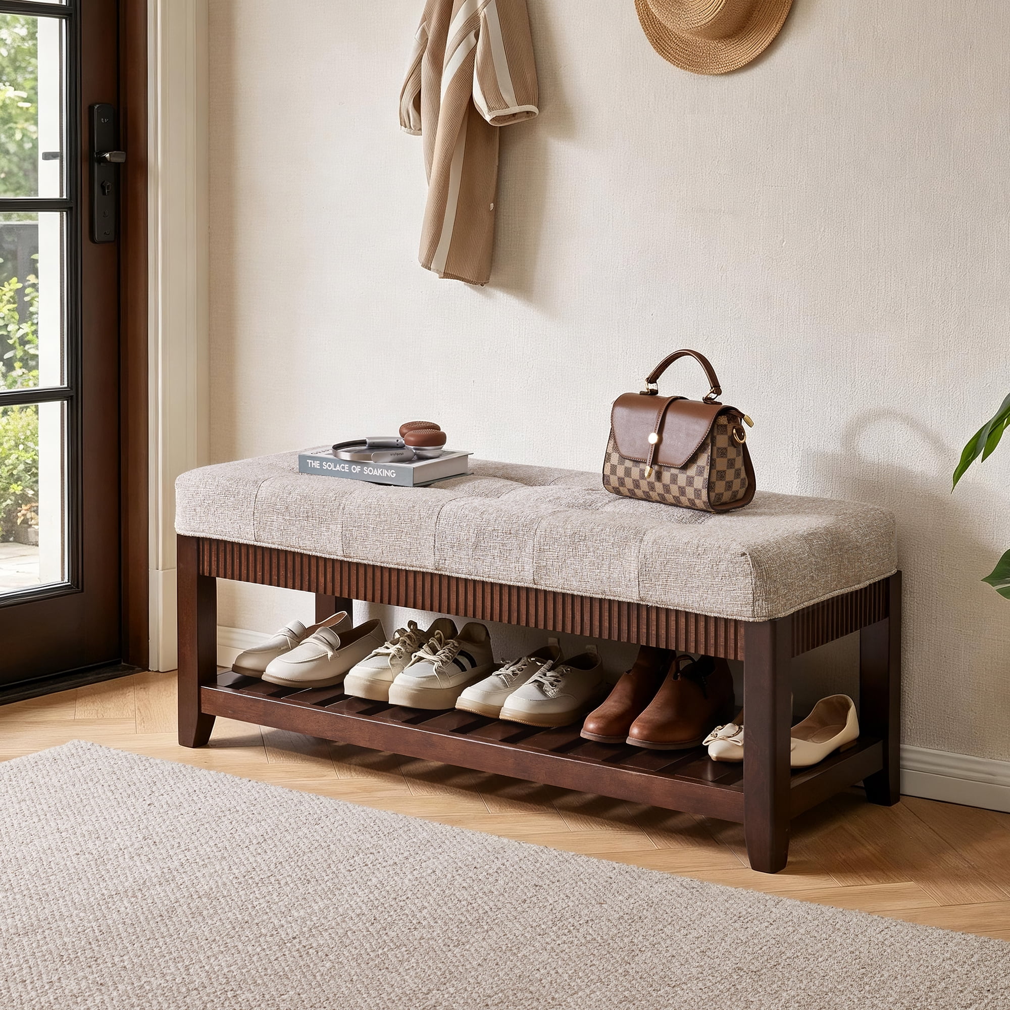 Solid Rubber Wood Entryway Bench with Padded Cushion and Shoe Rack, Ash Brown
