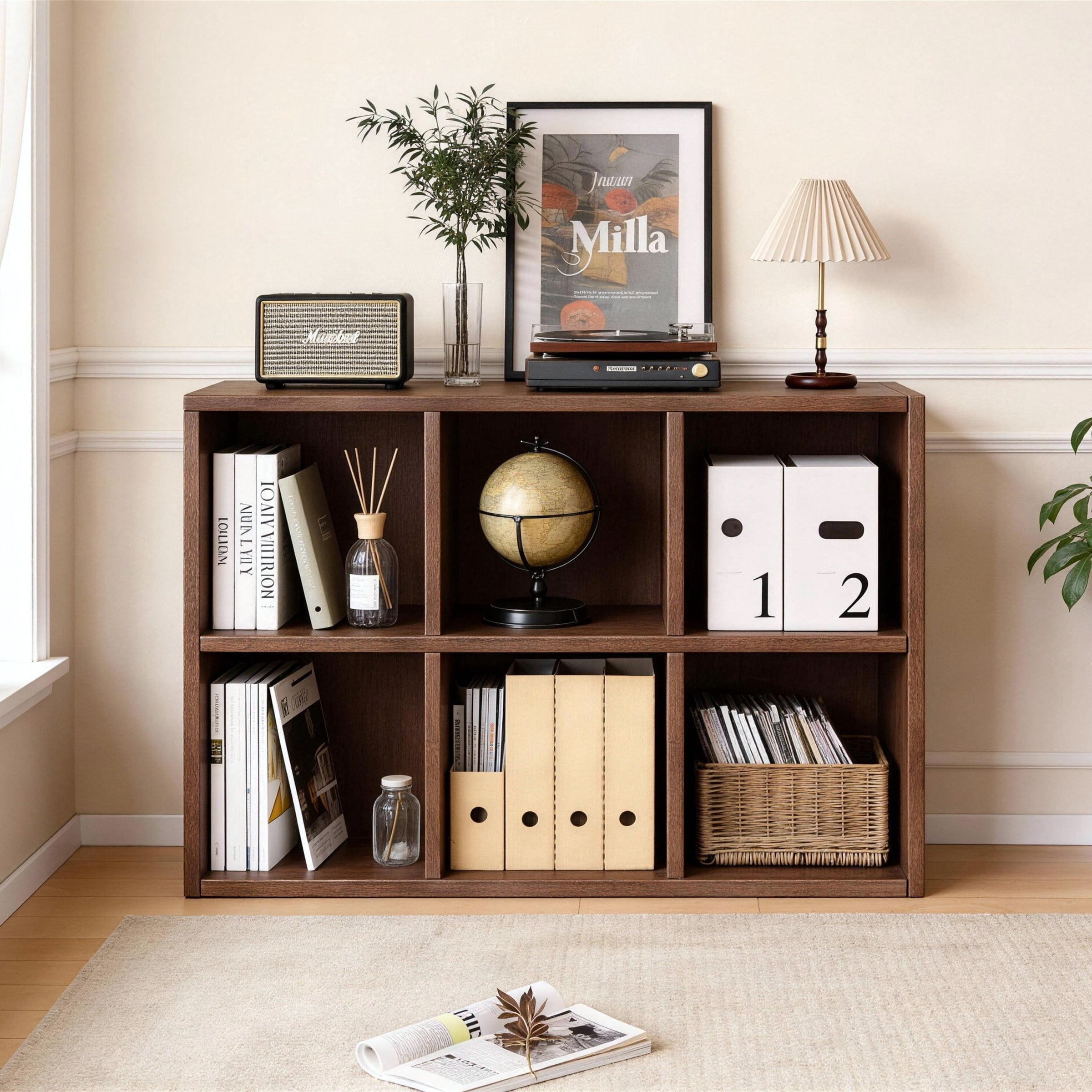 Solid Wood Bookshelf with 6 Storage Compartments, Walnut