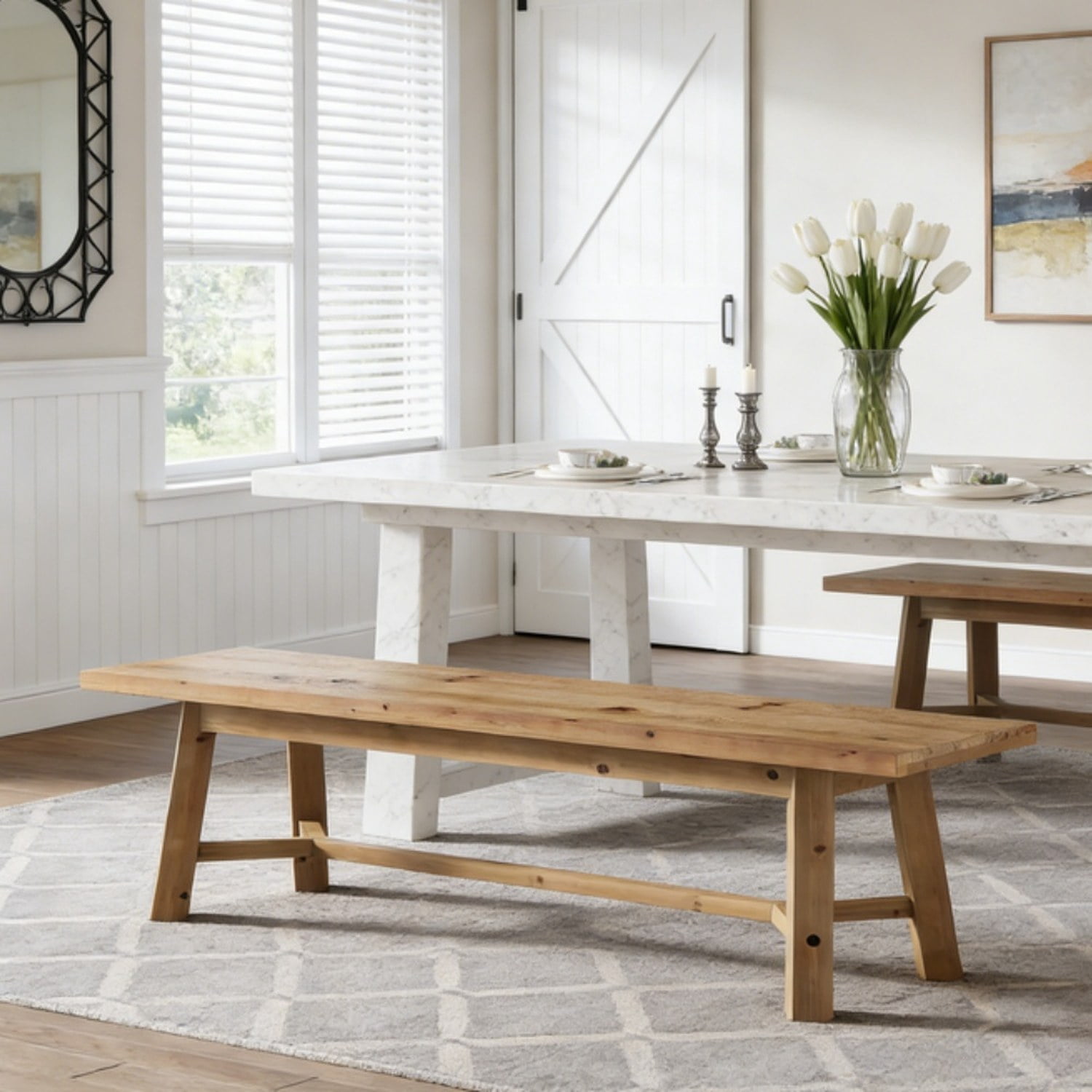 Solid Wood Dining Bench, 55.12 in Wide, Rustic Finish, Supports 400 lb