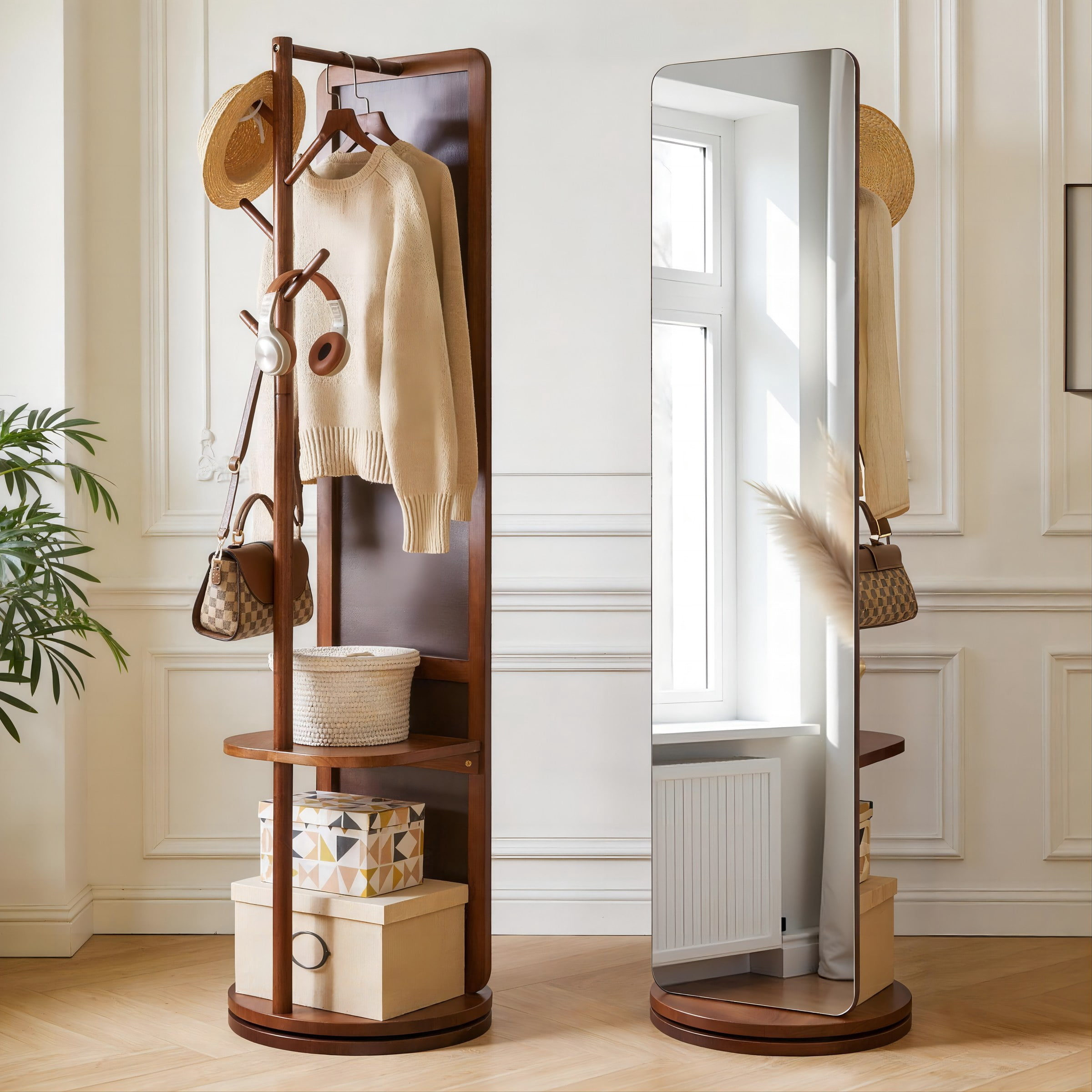 Solid Wood Full Length Mirror with Stand and Coat Rack, Walnut, 68.9 in H