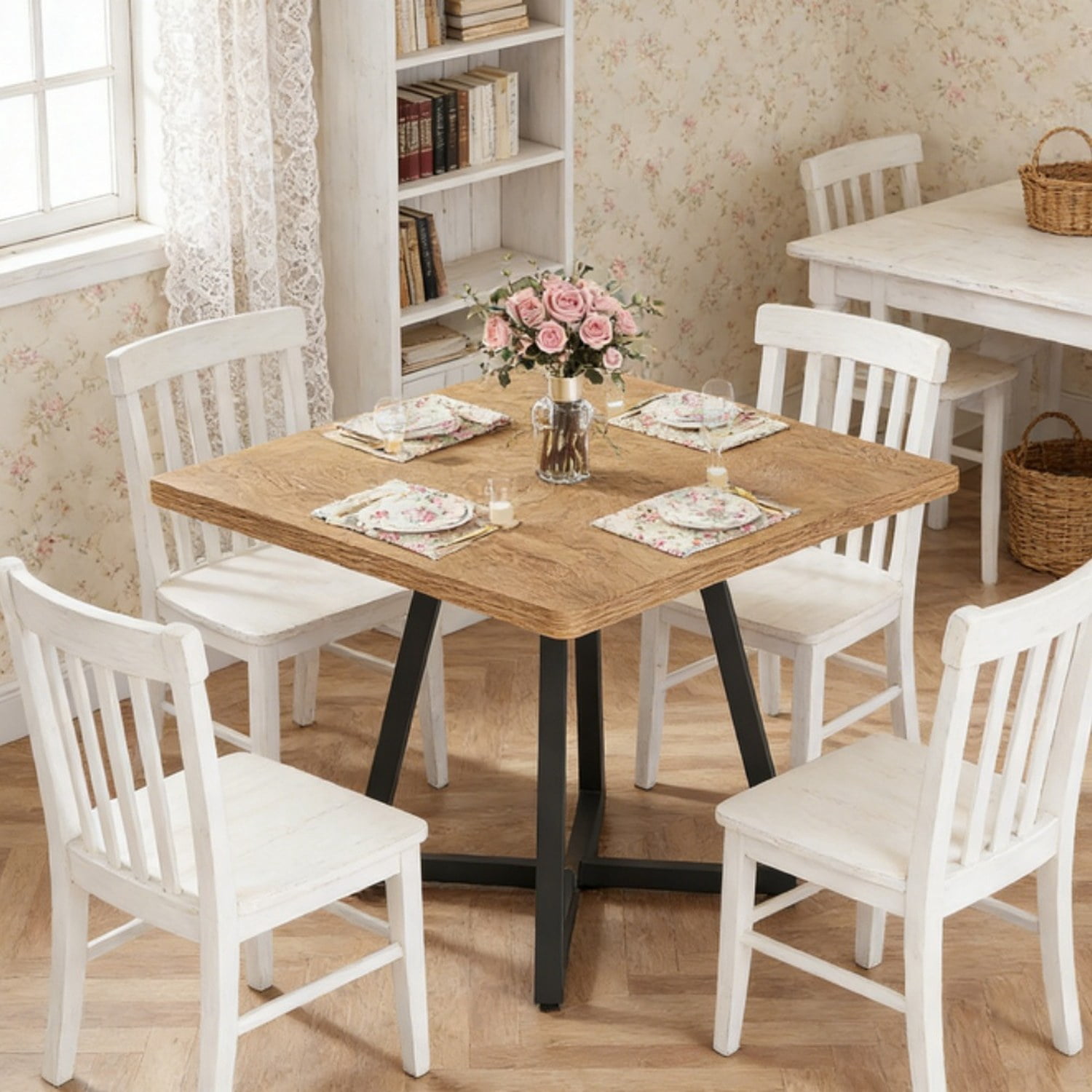 Square Dining Table, Industrial Style, Vintage Brown Wood with Black Metal Frame, 31.49 in W x 31.49 in D x 29.52 in H