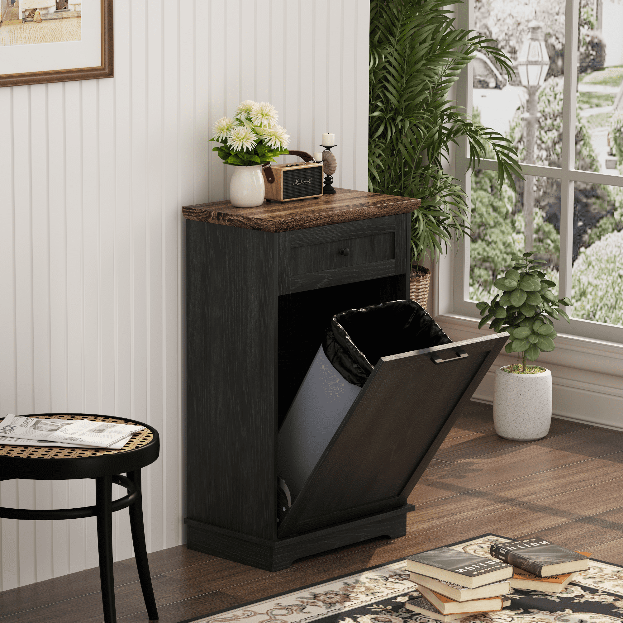 Tilt Out Trash Cabinet, 21.7 in x 13.4 in x 36.2 in, Antique Black