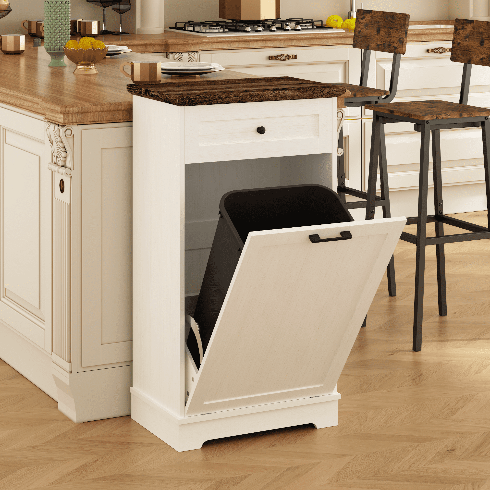 Tilt Out Trash Cabinet with Drawer, Freestanding Wood Garbage Recycling Cabinet for Kitchen, Antique Brown+White