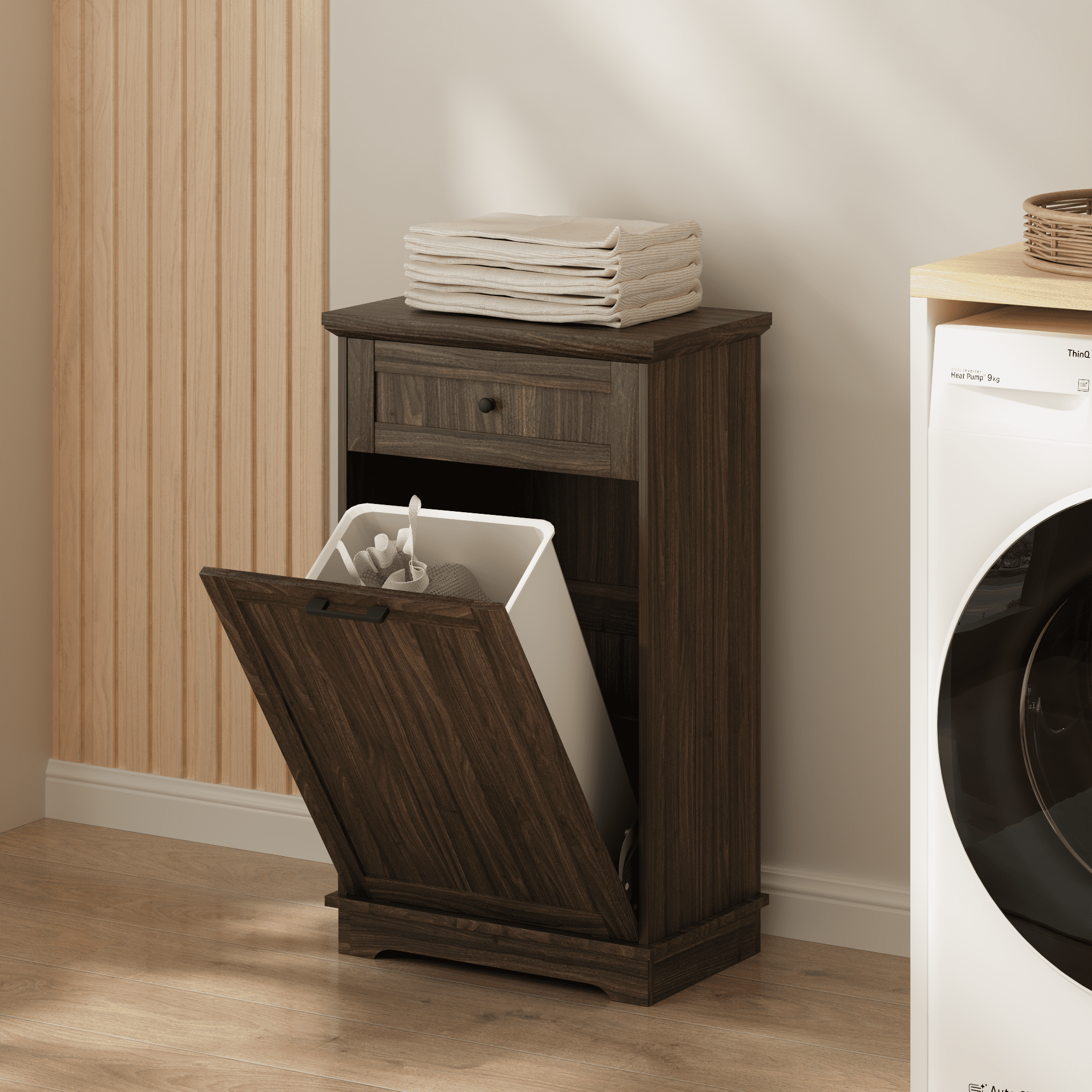 Tilt Out Trash Cabinet, 10 Gallon, Freestanding Wood Garbage Recycling Cabinet with Hideaway Drawer, Pet Proof Trash Can Holder for Kitchen Living Room (Trash Can Not Included)