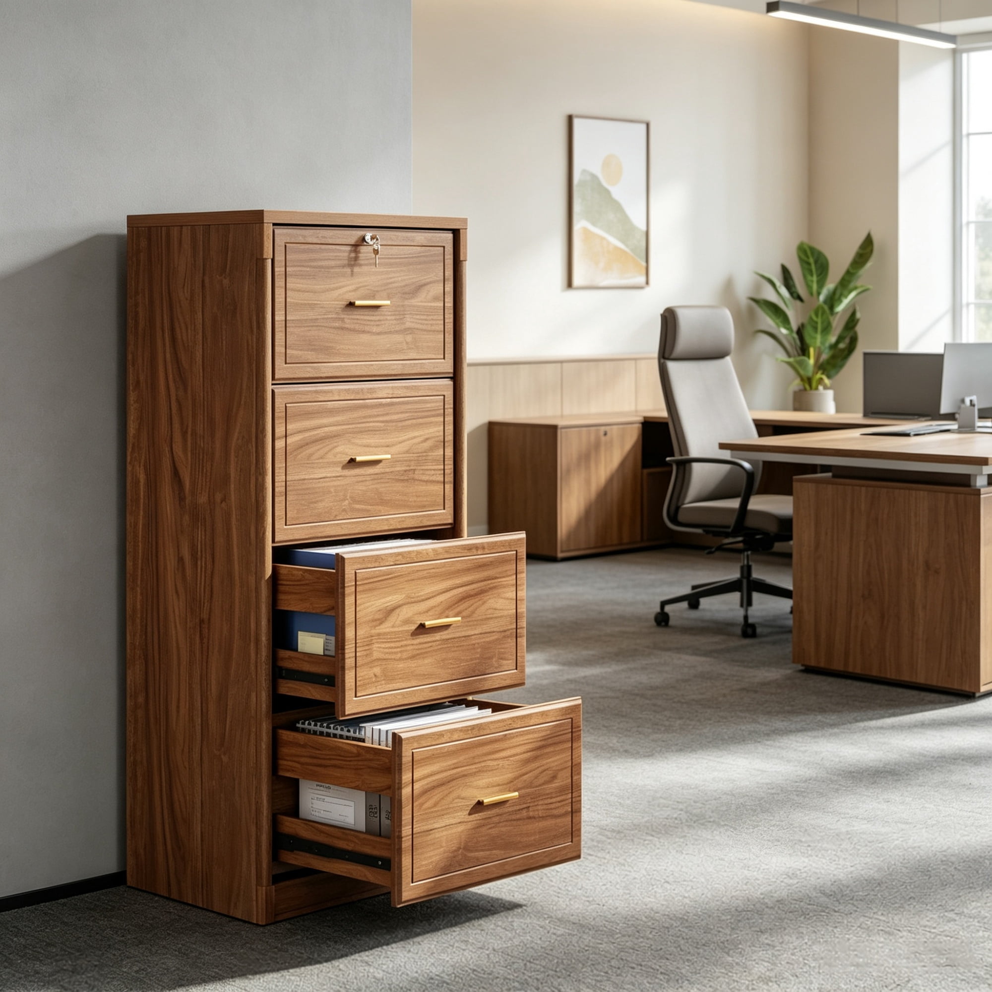 Astoutdoor Vertical File Cabinet with 4 Storage Drawers, MDF Office Filing Cabinet, 54.92 in Long
