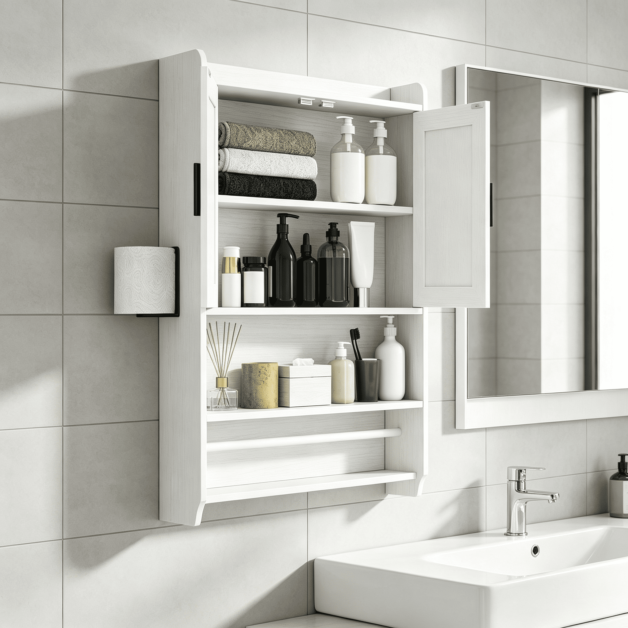 Astoutdoor Wall-Mounted Bathroom Storage Cabinet, Engineered Wood with Adjustable Shelf, Towel Bar, Toilet Paper Holder, Open Shelf, White