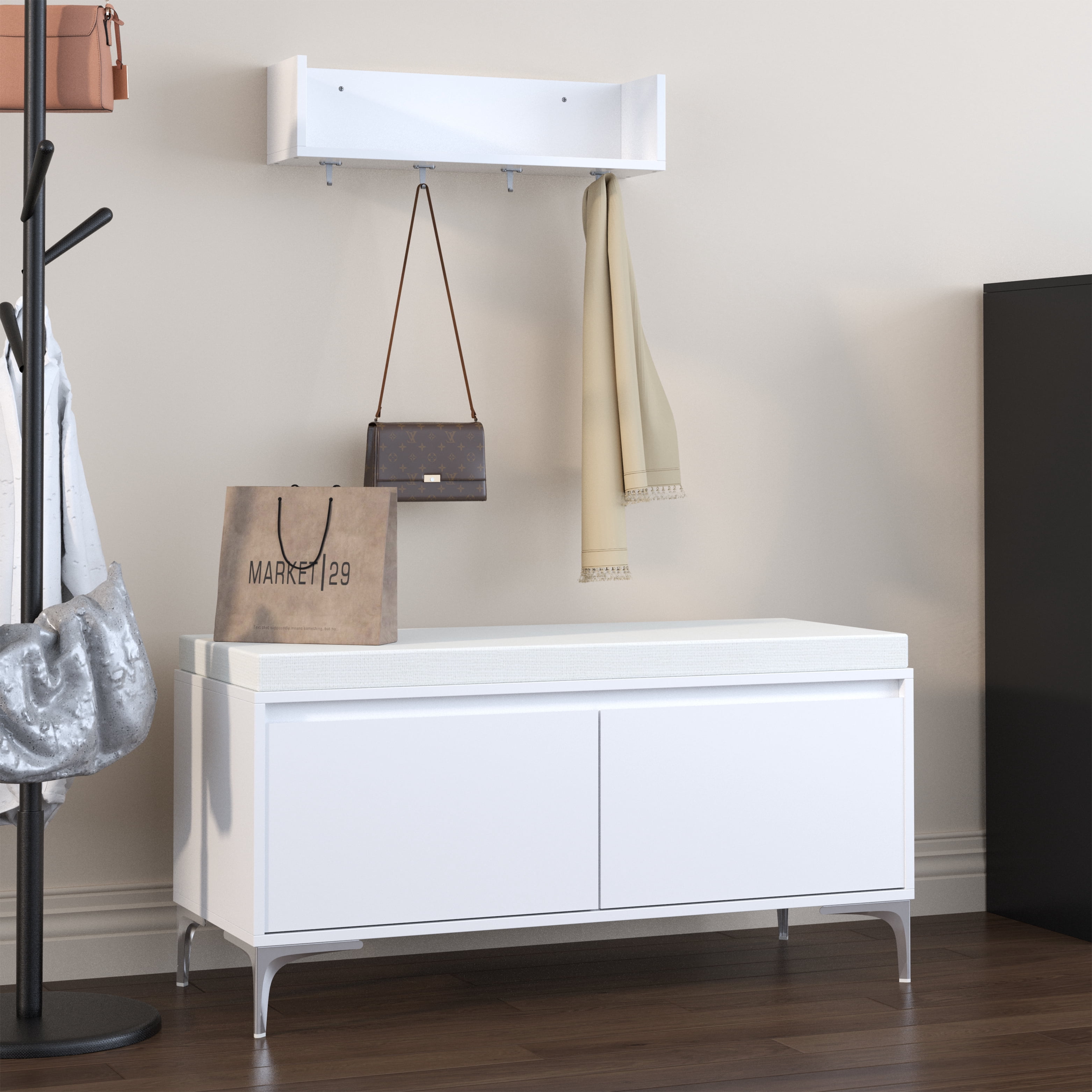 Wall-Mounted Entryway Shelf with Hooks and Storage Bench Set, Off White Metal & Wood Shoe Cabinet with Cushion