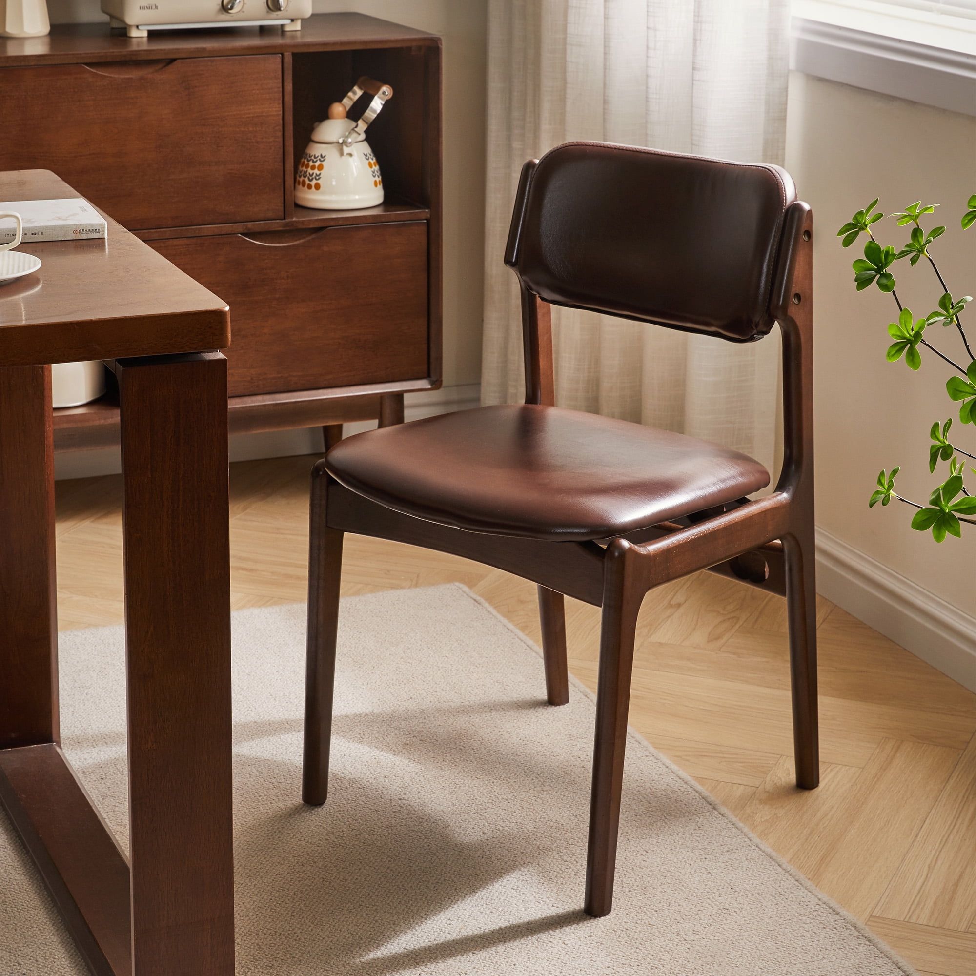 Walnut Solid Wood Dining Chair with PU Leather Upholstery, Armless Side Chair for Kitchen, Coffee Shop, Home Office
