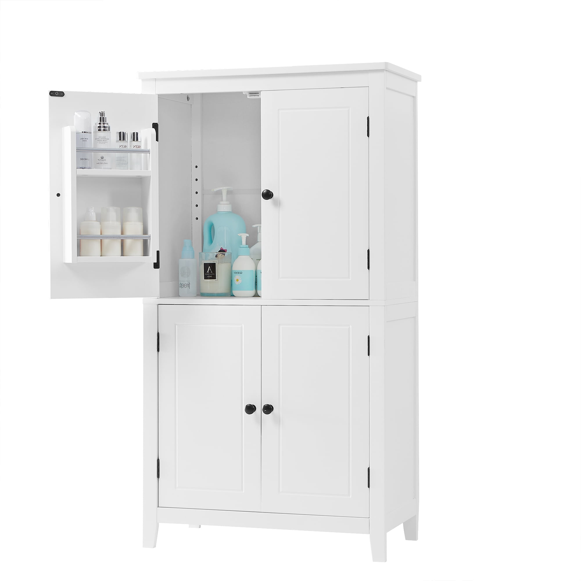 White MDF Bathroom Floor Storage Cabinet with 4 Doors and Adjustable Shelves