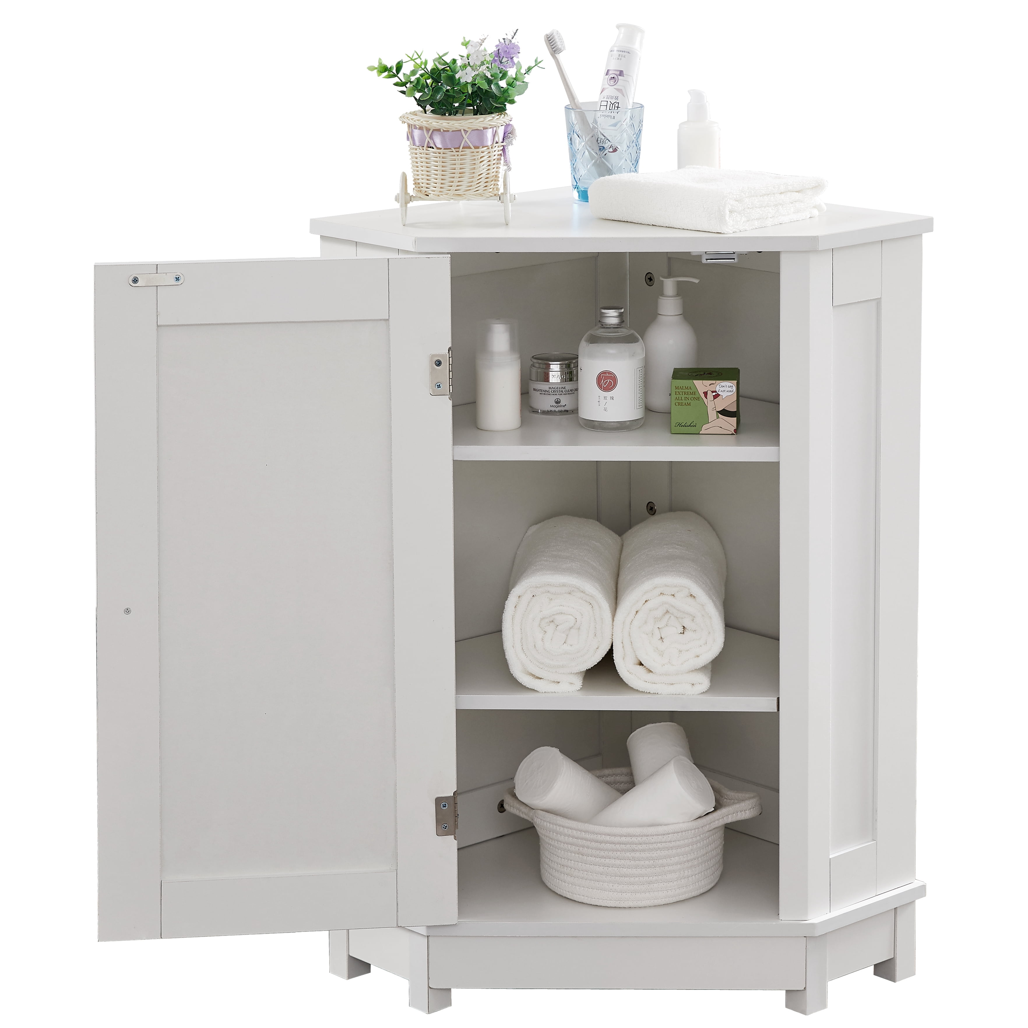 White Triangle Corner Storage Cabinet with Adjustable Shelves, MDF, 24.8 x 17.5 x 31.4 in