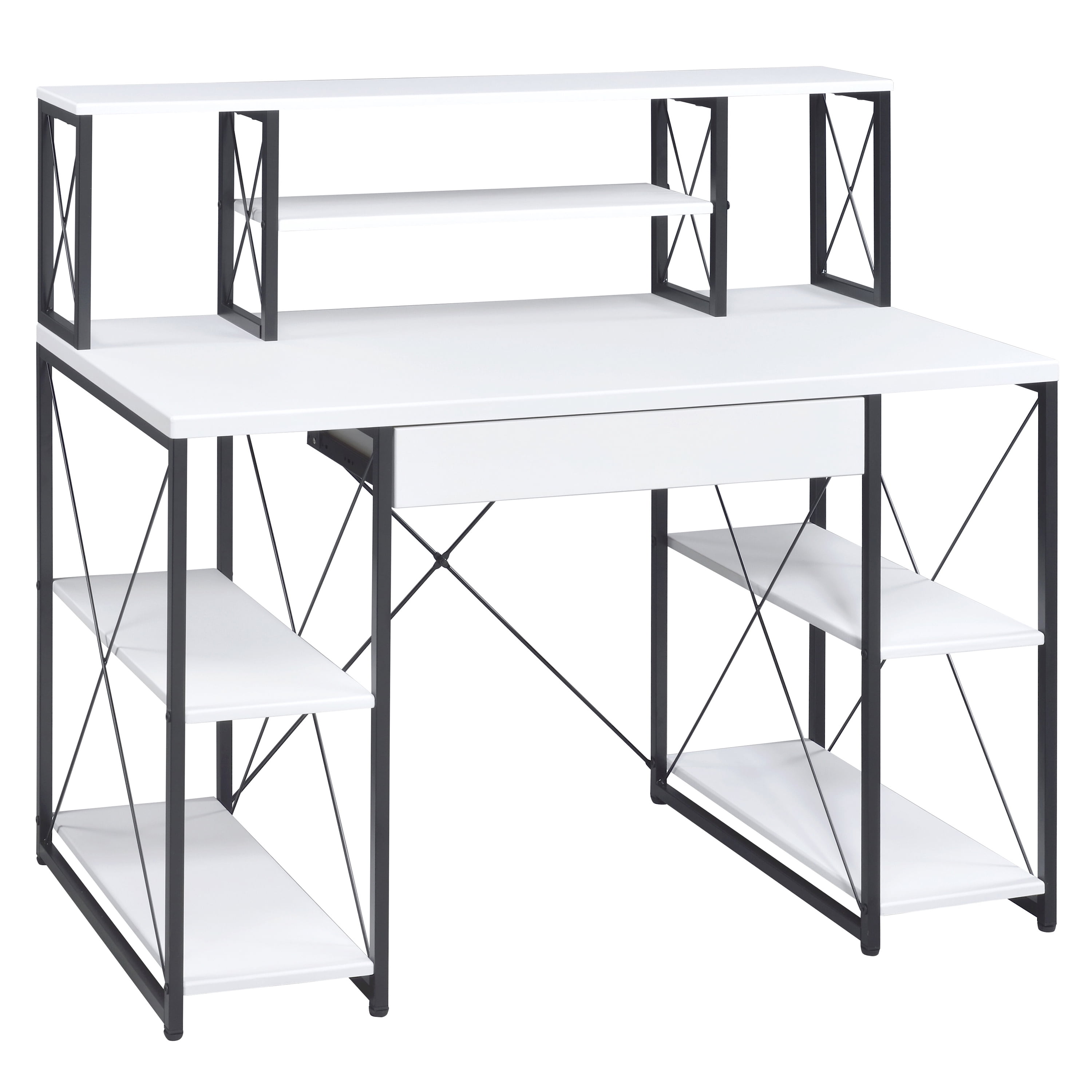 Astoutdoor White and Black Office Desk with Open Shelves and Hutch