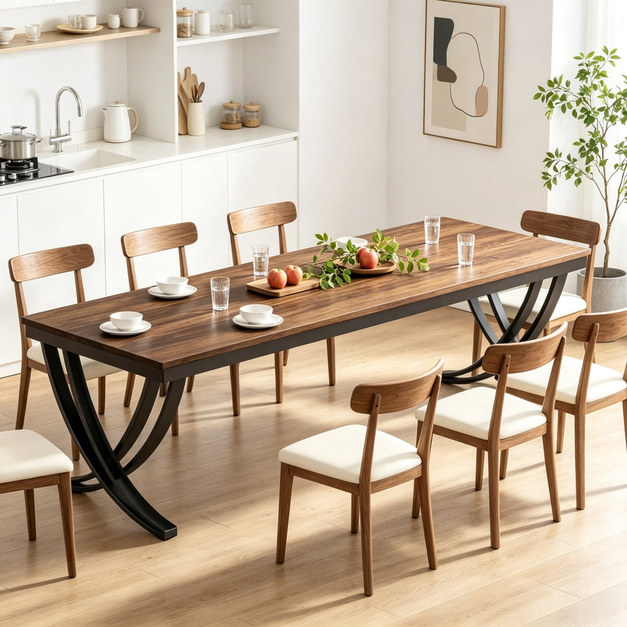 Astoutdoor Wooden Farmhouse Dining Table, 43.7 in Rectangular Table for 6-8 People