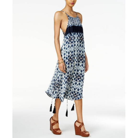 Astr Delfina Printed Tasseled Dress Indigo Tie Dye M