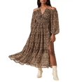 thumbnail image 1 of Astr The Label Women’s Ciri Printed Split-Neck Dress, Brown Yellow Ditsy, Small, 1 of 4