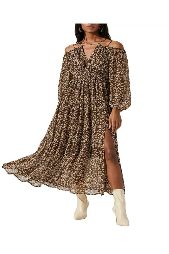 The Label Womens Ciri Printed Split-Neck Dress, Brown Yellow Ditsy, Small