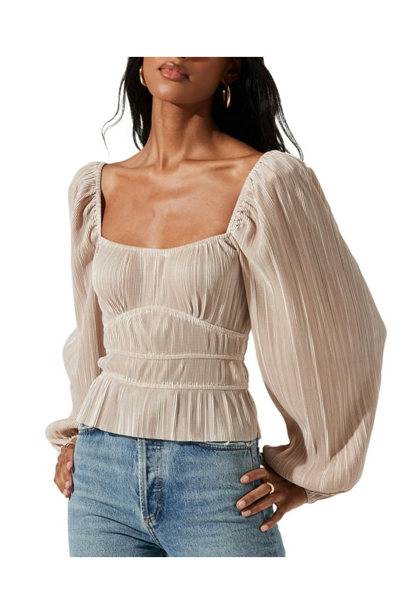 The Label Womens Ziva Pleated Balloon-Sleeve Top, Pearl, Small